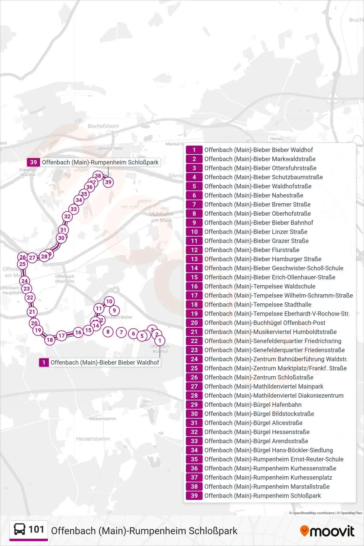 Linie 101 (Bus) Richtung Offenbach (Main)-Rumpenheim Schloßpark: Route und Haltestellen auf der Karte