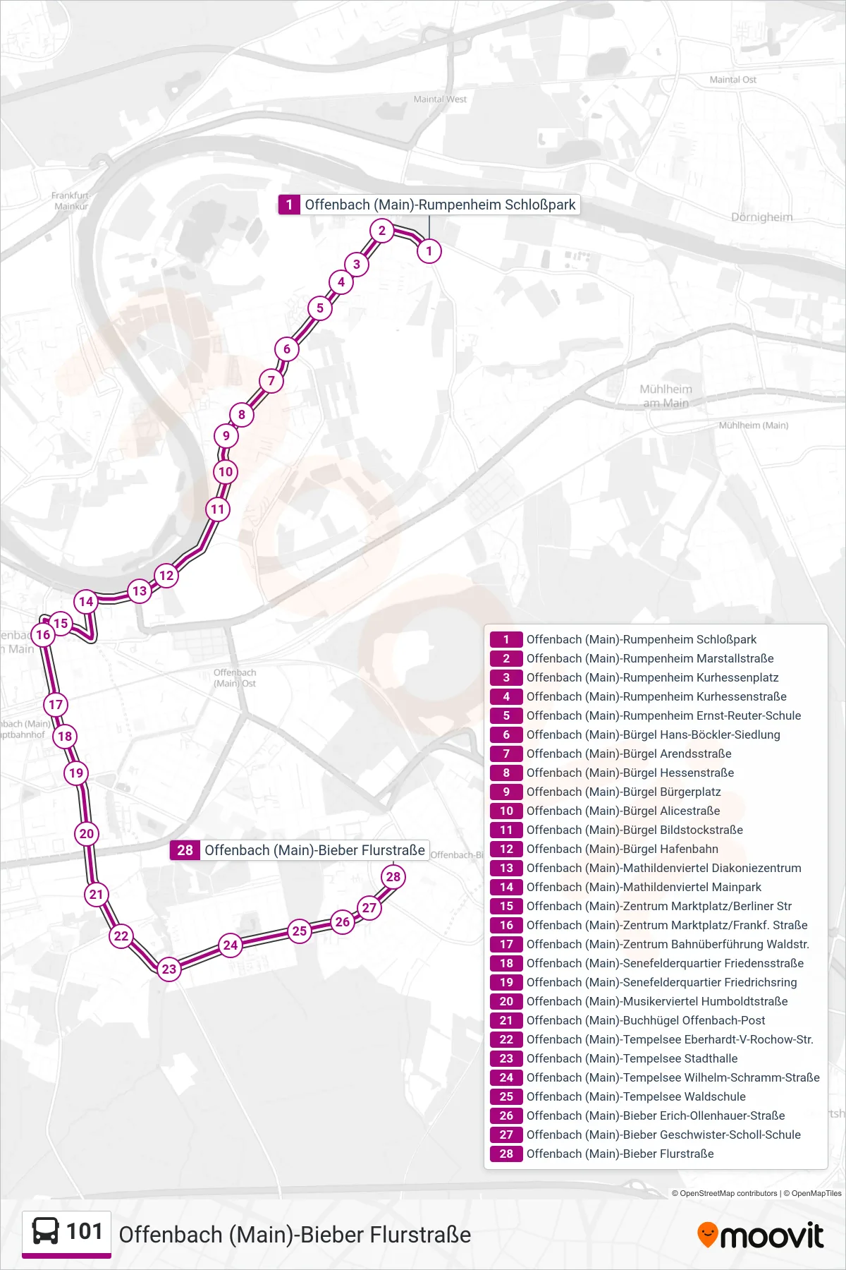 Linie 101 (Bus) Richtung Offenbach (Main)-Bieber Flurstraße: Route und Haltestellen auf der Karte