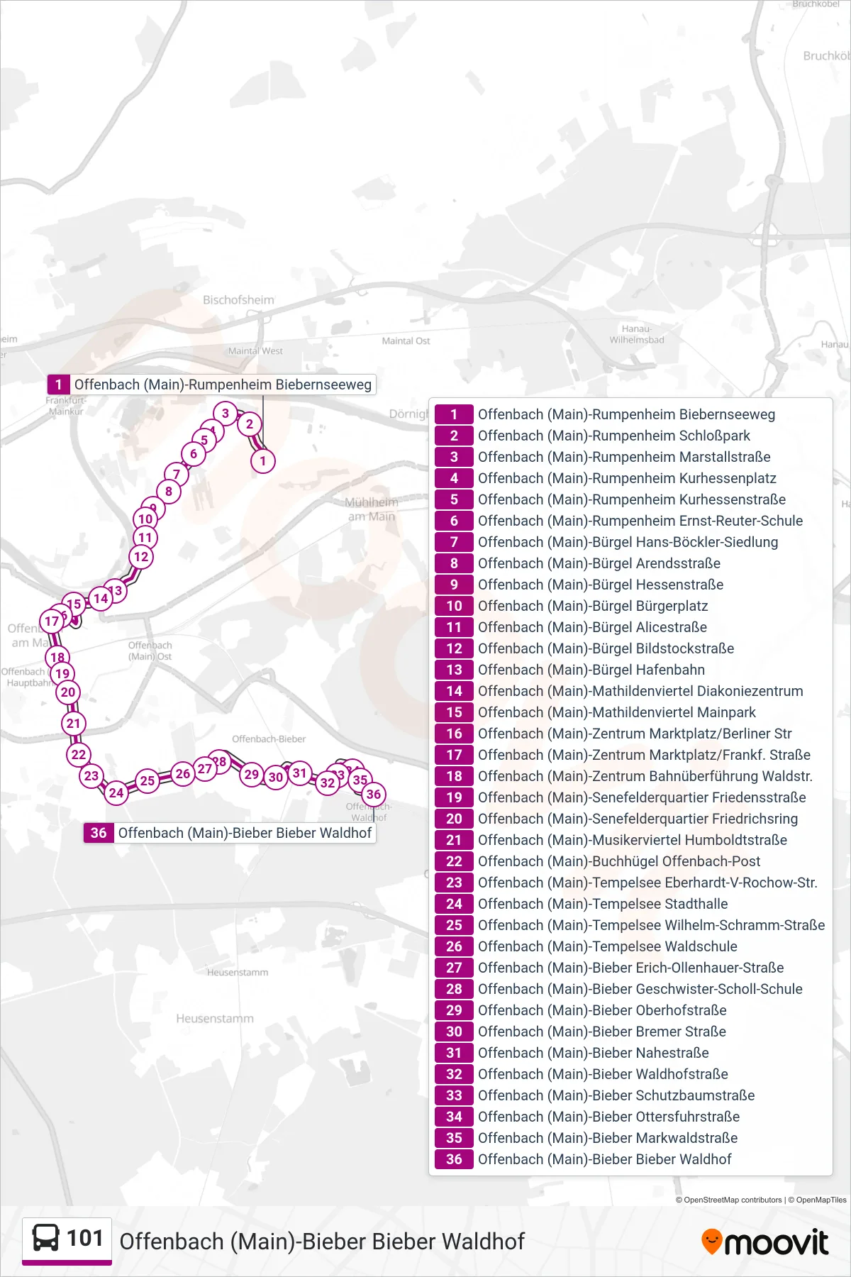 101 bus Line (Offenbach (Main)-Bieber Bieber Waldhof) route and stops on a map