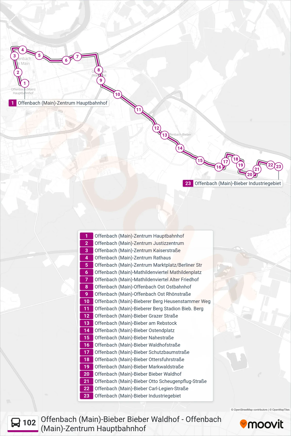102 bus Line (Offenbach (Main)-Bieber Industriegebiet) route and stops on a map