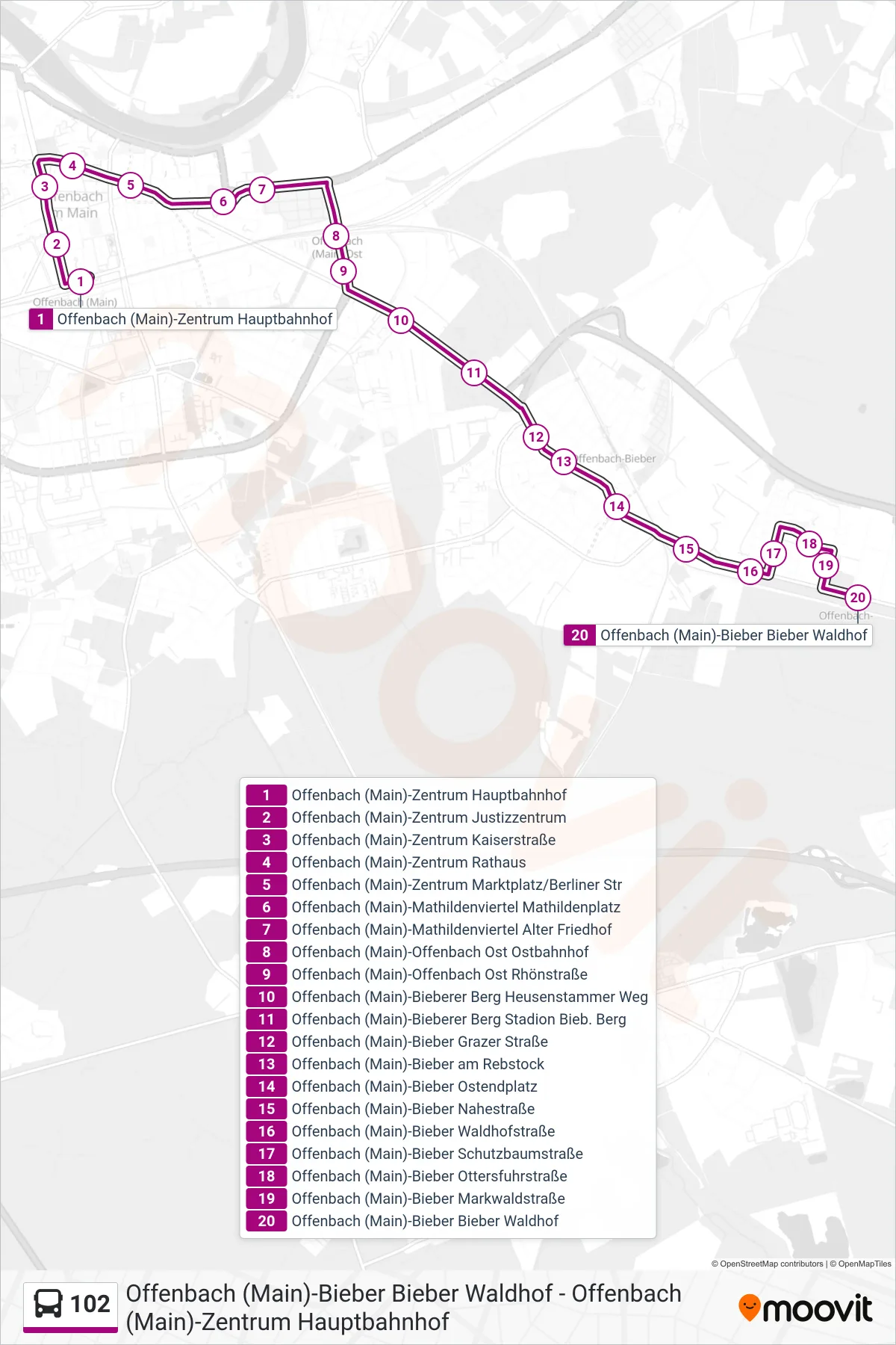 102 bus Line (Offenbach (Main)-Bieber Bieber Waldhof) route and stops on a map