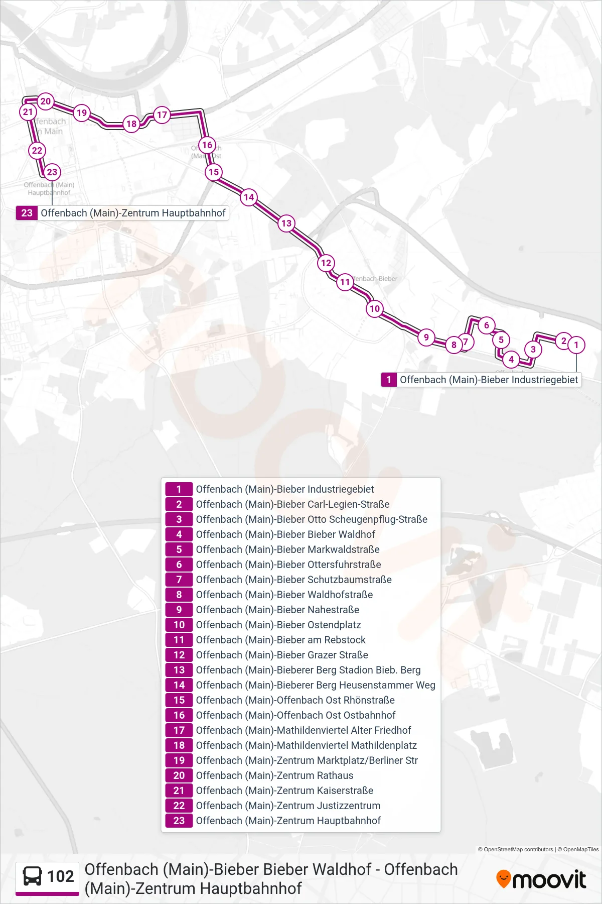 Linie 102 (Bus) Richtung Offenbach (Main)-Zentrum Hauptbahnhof: Route und Haltestellen auf der Karte