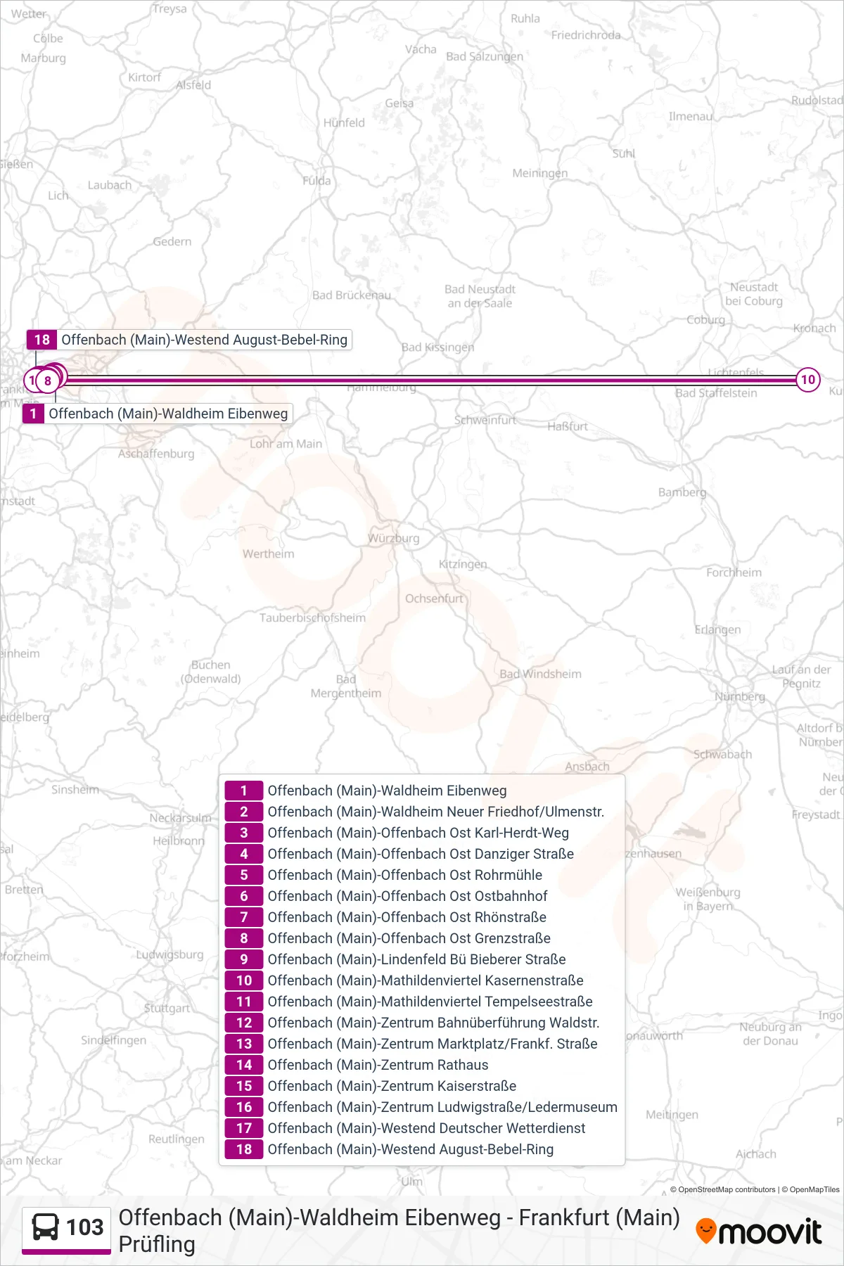 103 bus Line (Offenbach (Main)-Westend August-Bebel-Ring) route and stops on a map