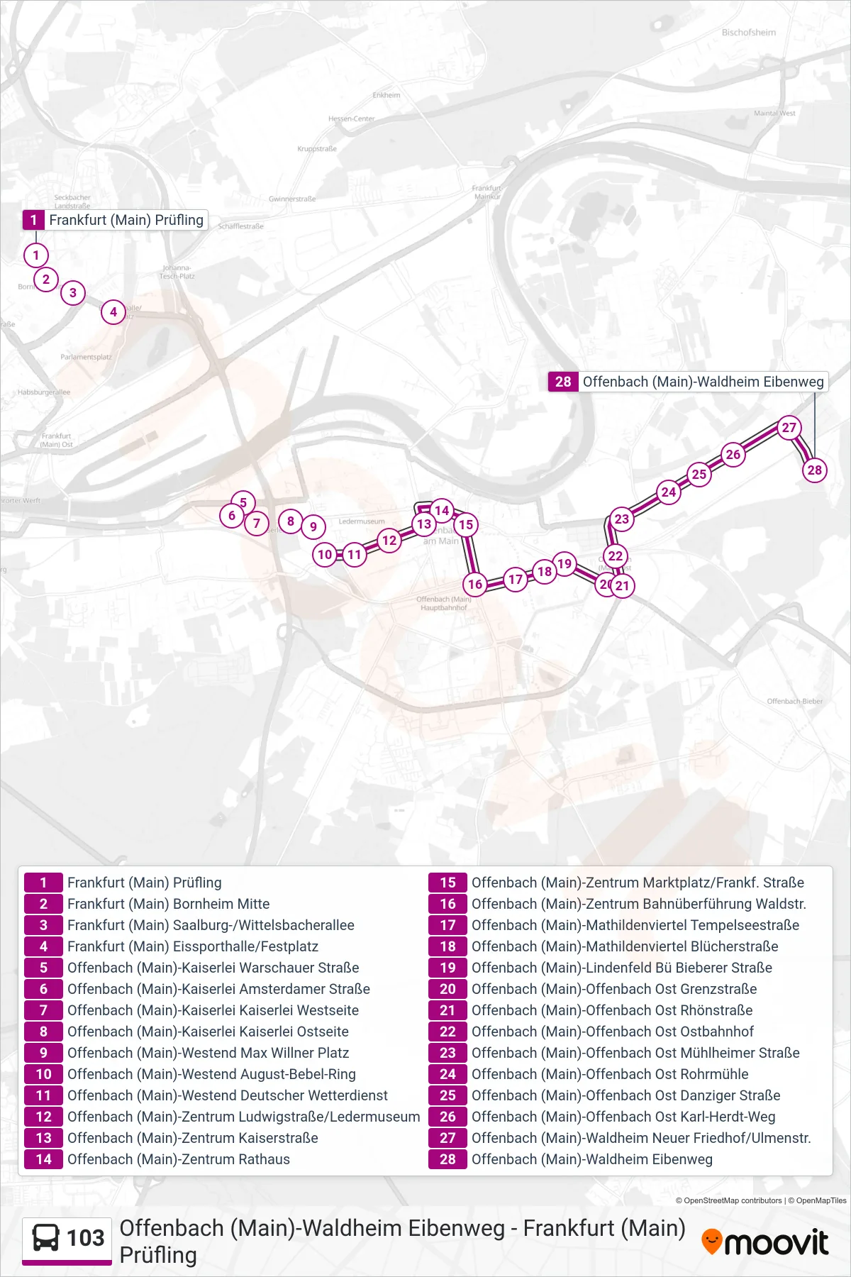 103 bus Line (Offenbach (Main)-Waldheim Eibenweg) route and stops on a map