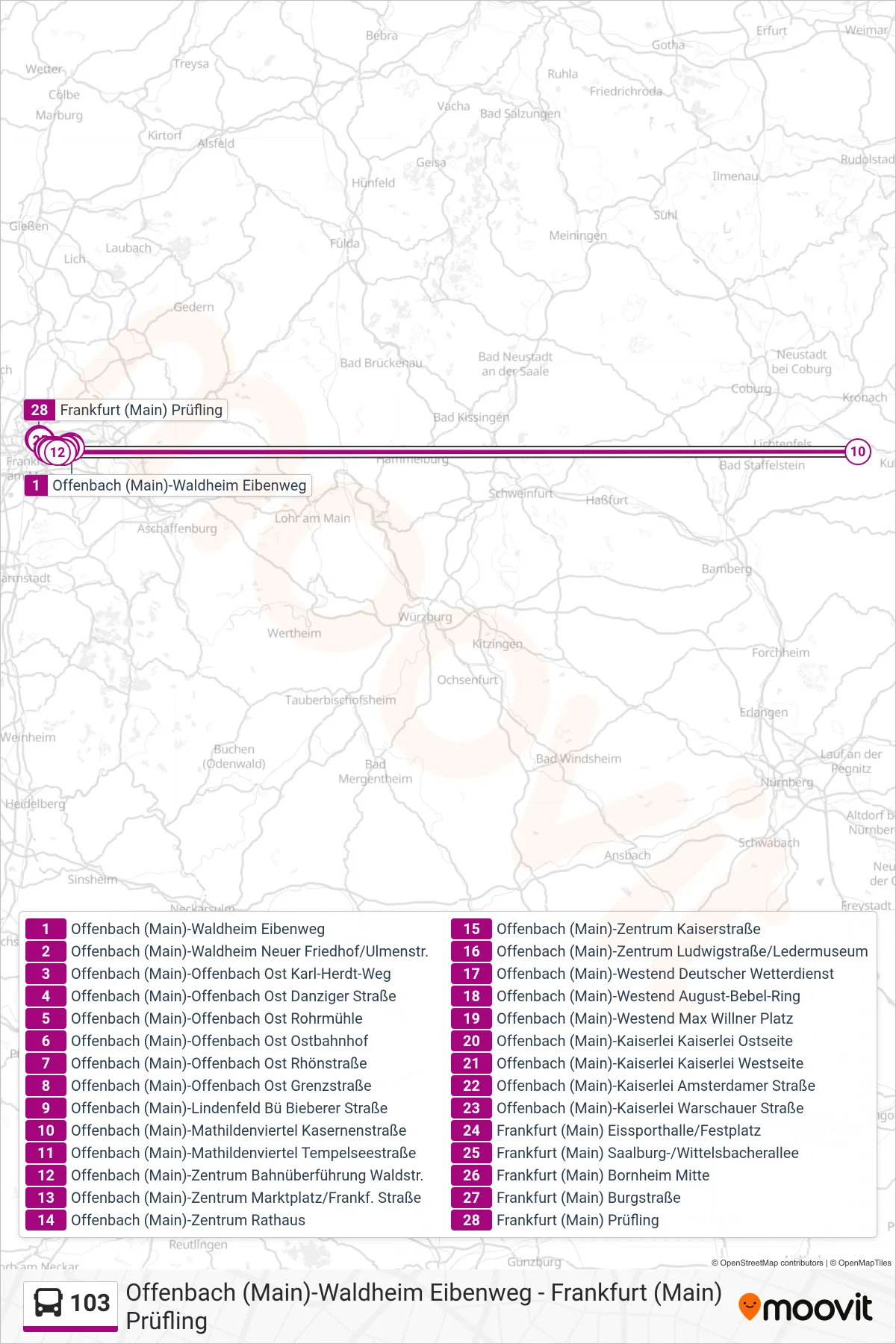 103 bus Line (Frankfurt (Main) Prüfling) route and stops on a map