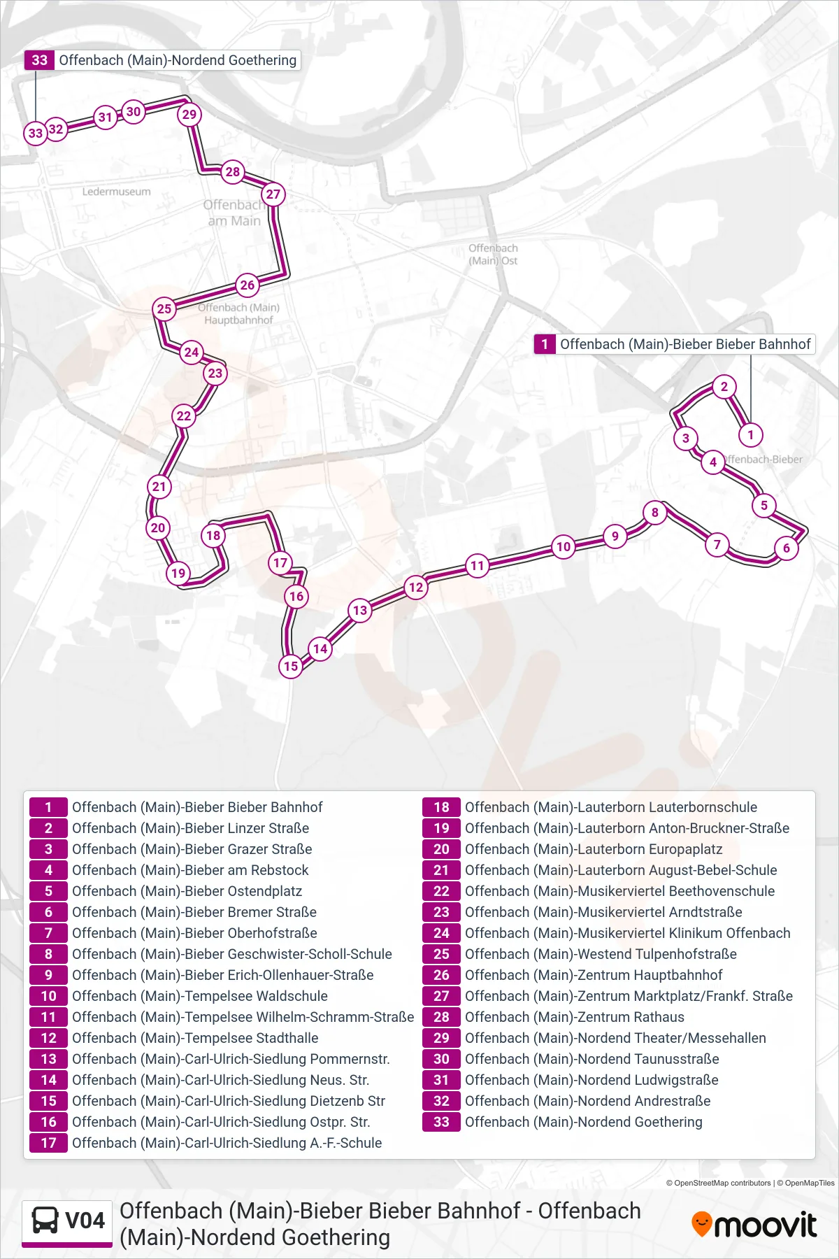 Linie V04 (Bus) Richtung Offenbach (Main)-Nordend Goethering: Route und Haltestellen auf der Karte