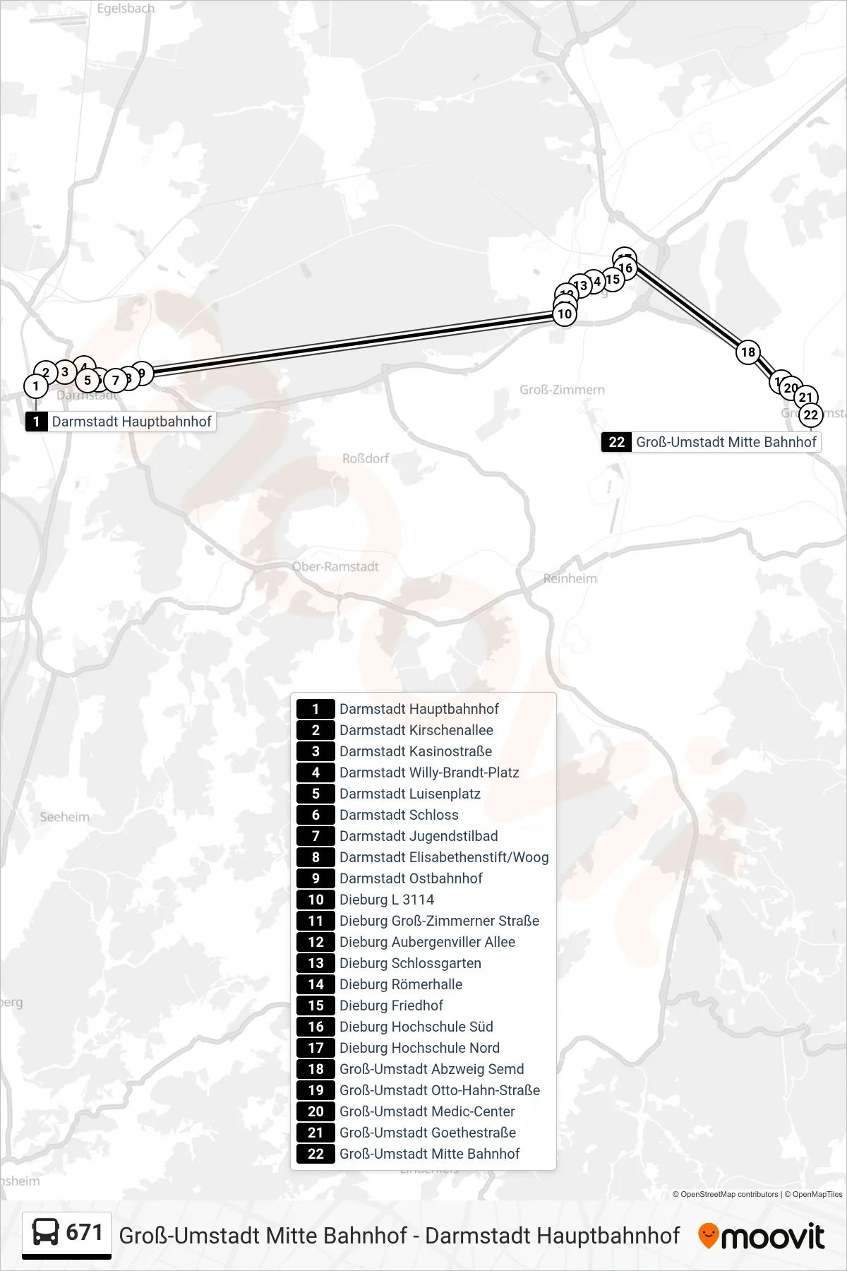 671 bus Line (Groß-Umstadt Mitte Bahnhof) route and stops on a map