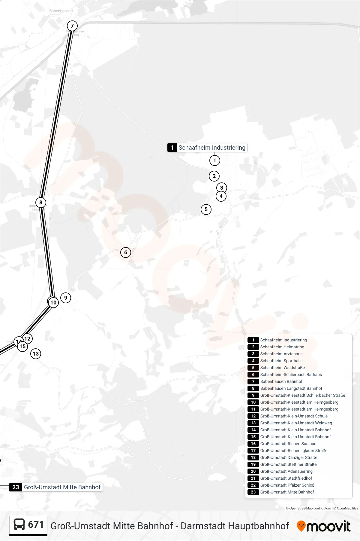 671 bus Line (Groß-Umstadt Mitte Bahnhof) route and stops on a map