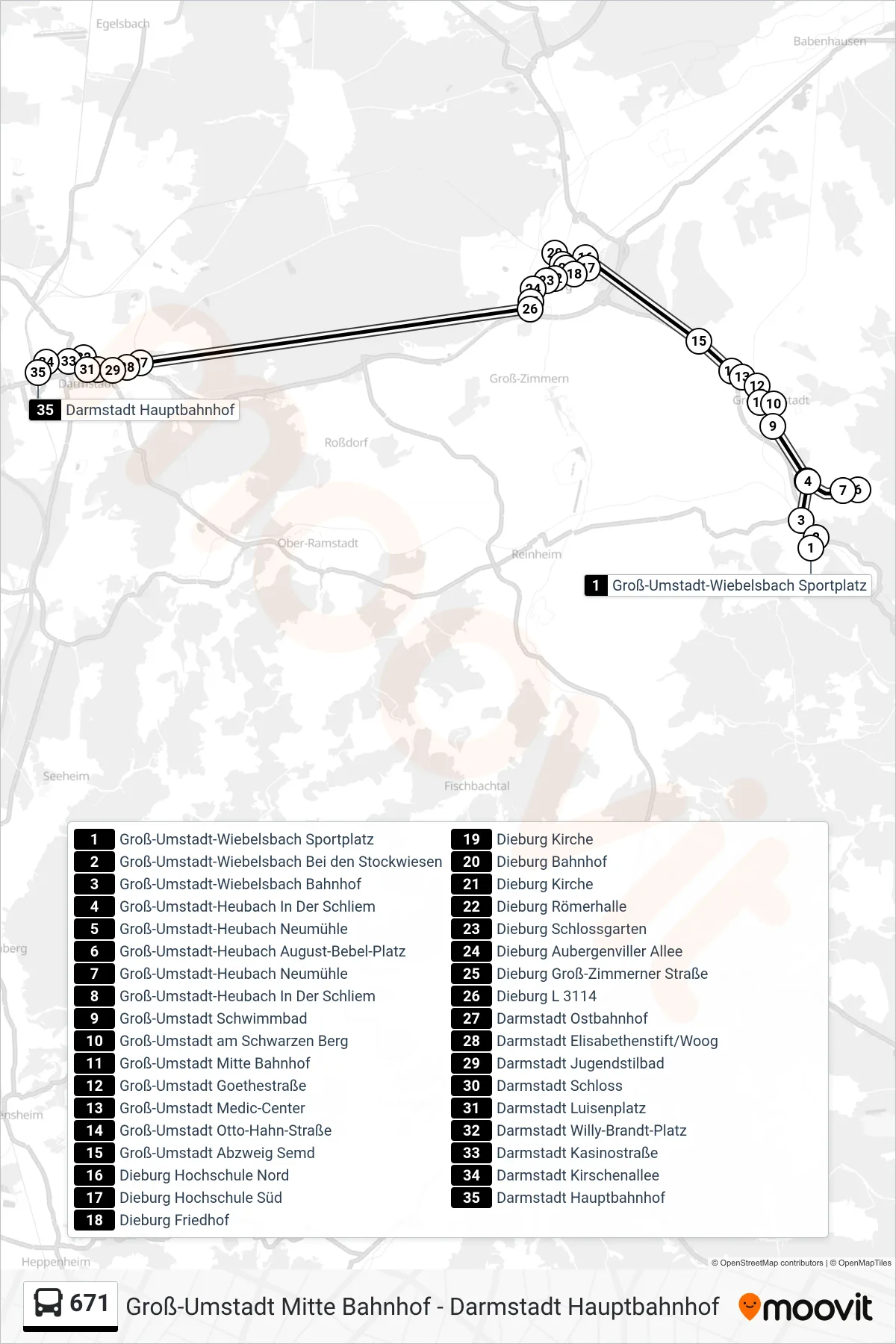 671 bus Line (Darmstadt Hauptbahnhof) route and stops on a map