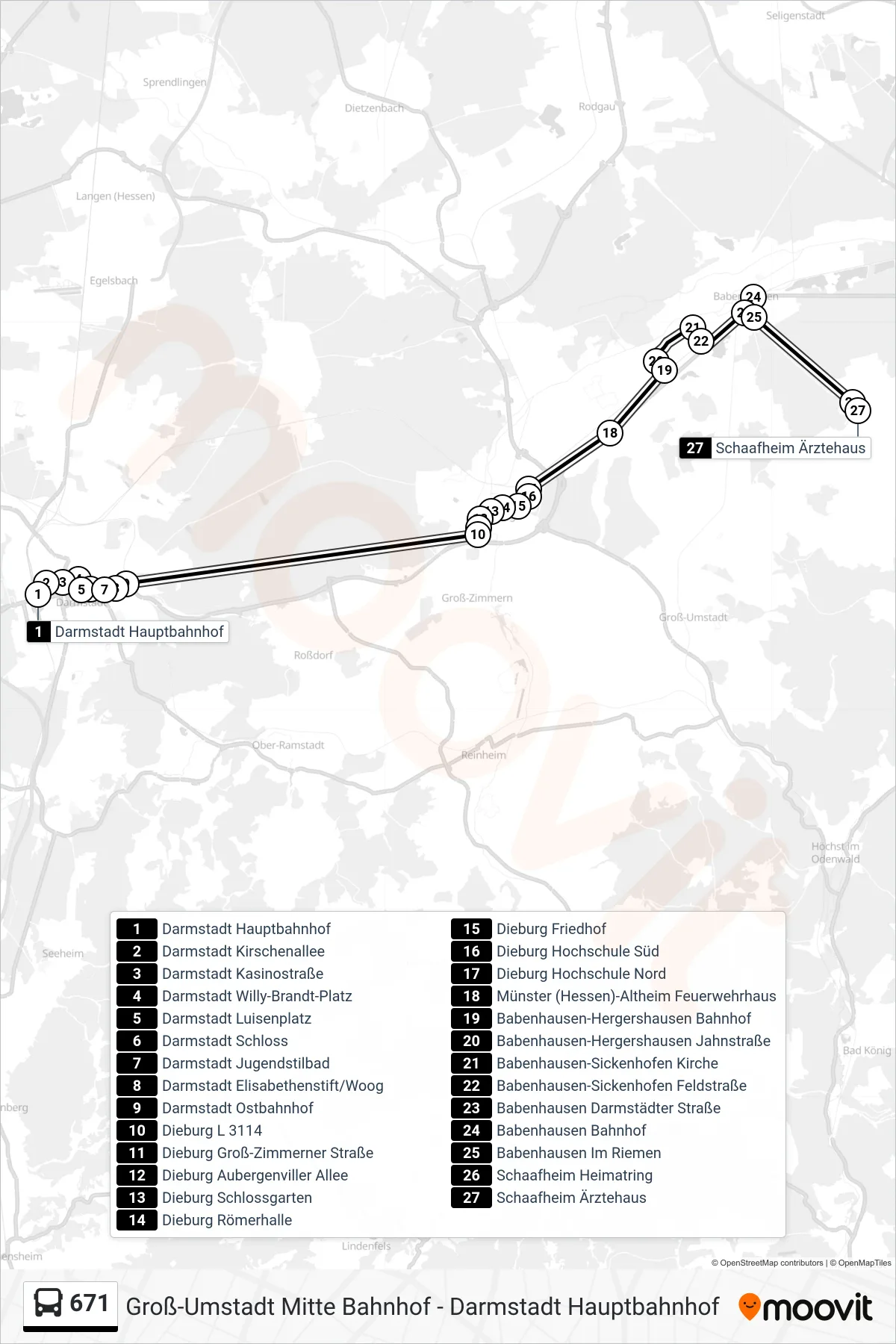 671 bus Line (Schaafheim Ärztehaus) route and stops on a map