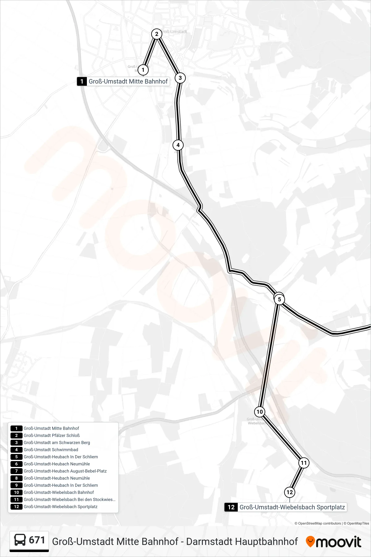 671 bus Line (Groß-Umstadt-Wiebelsbach Sportplatz) route and stops on a map