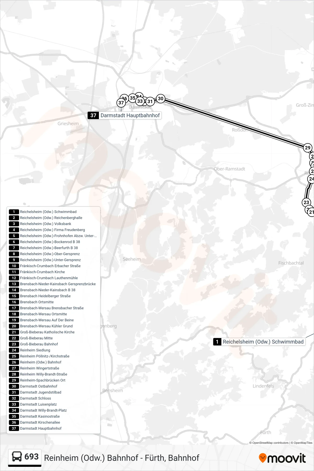 693 bus Line (Darmstadt Hauptbahnhof) route and stops on a map