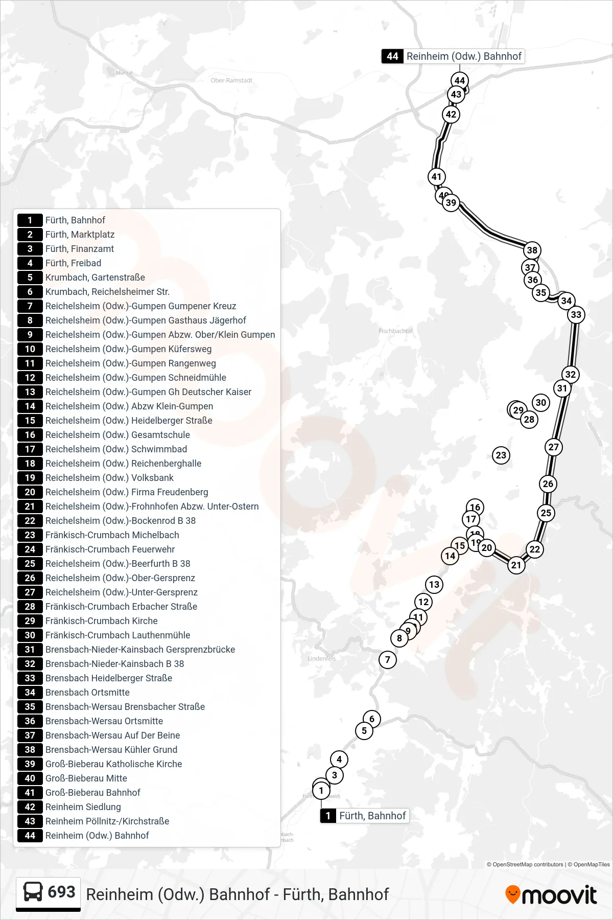 693 bus Line (Reinheim (Odw.) Bahnhof) route and stops on a map