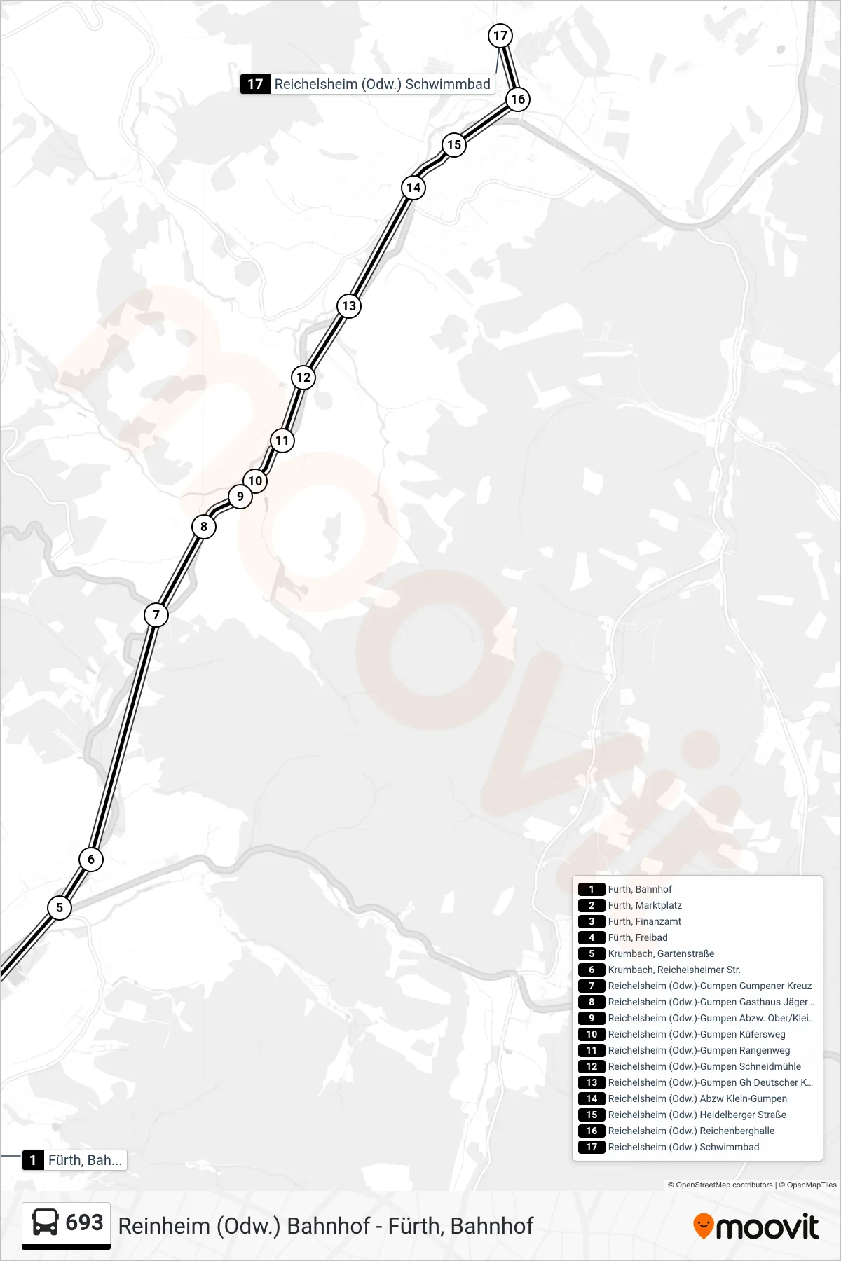 693 bus Line (Reichelsheim (Odw.) Schwimmbad) route and stops on a map