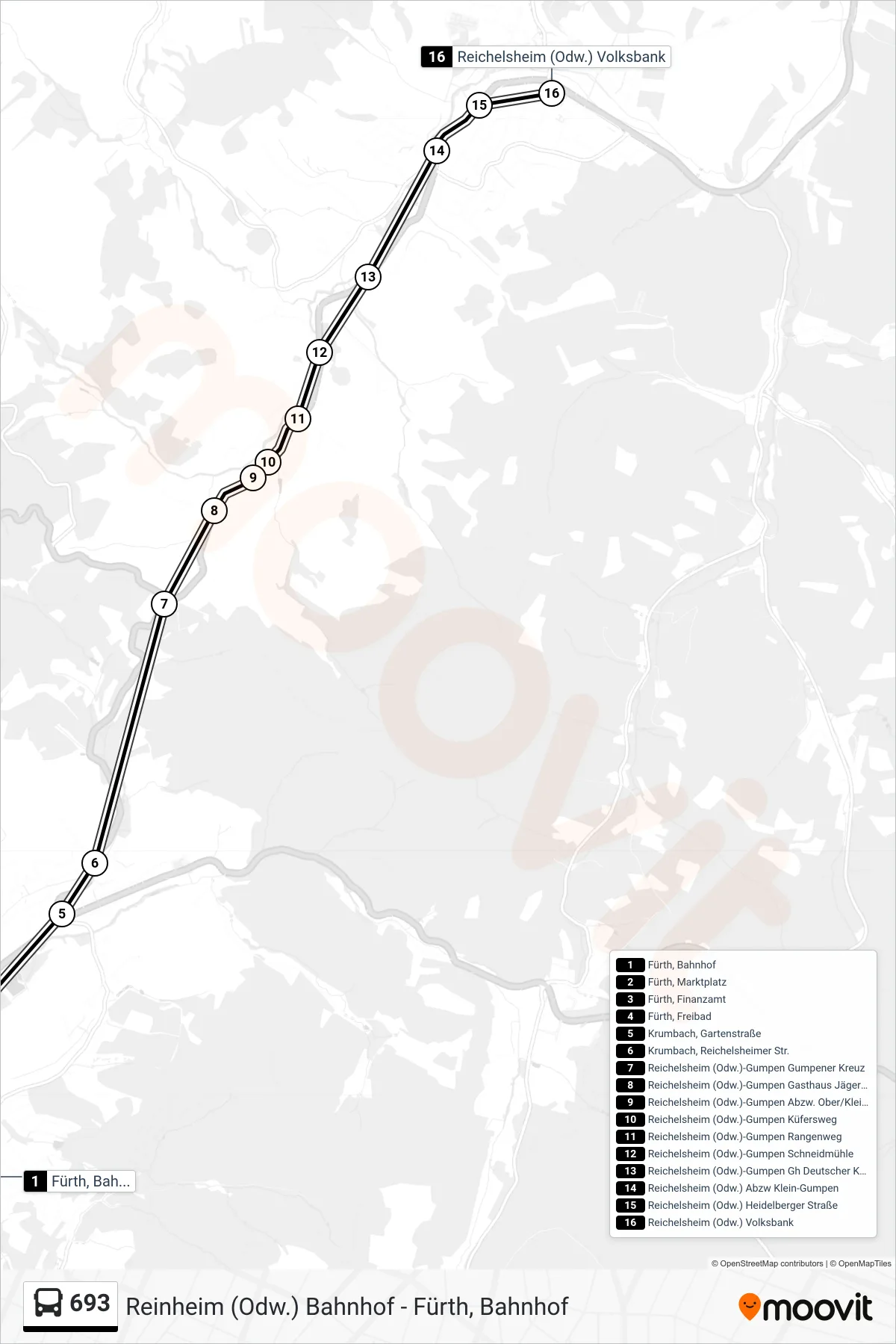 693 bus Line (Reichelsheim (Odw.) Volksbank) route and stops on a map
