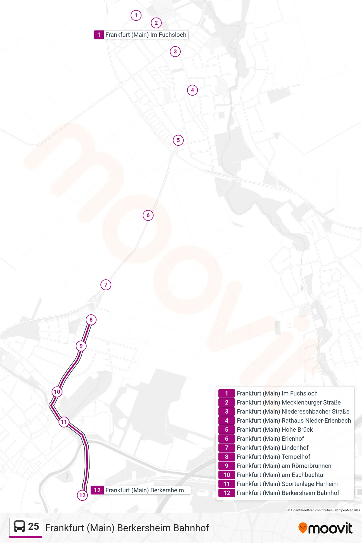 25 bus Line (Frankfurt (Main) Berkersheim Bahnhof) route and stops on a map