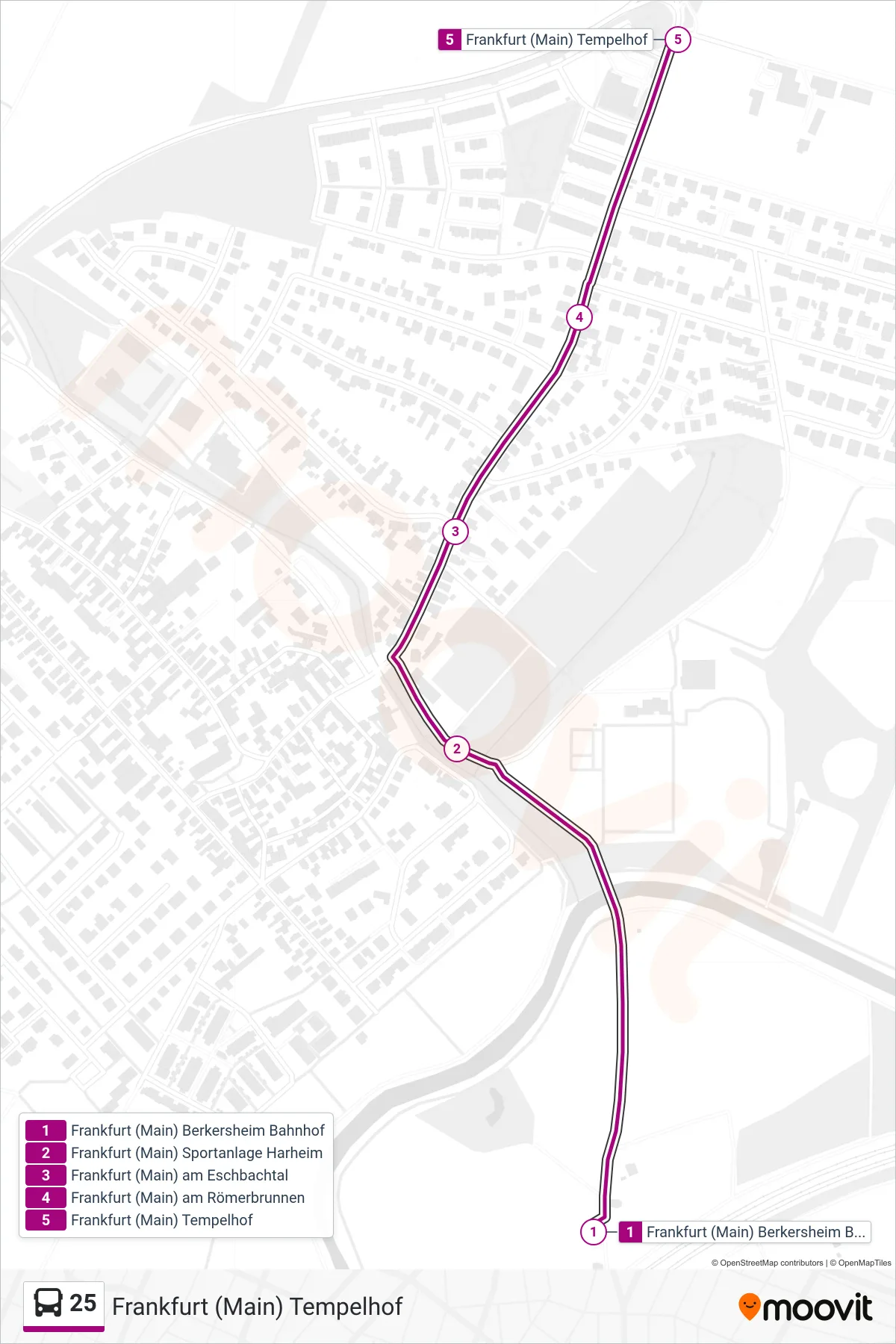 Linie 25 (Bus) Richtung Frankfurt (Main) Tempelhof: Route und Haltestellen auf der Karte
