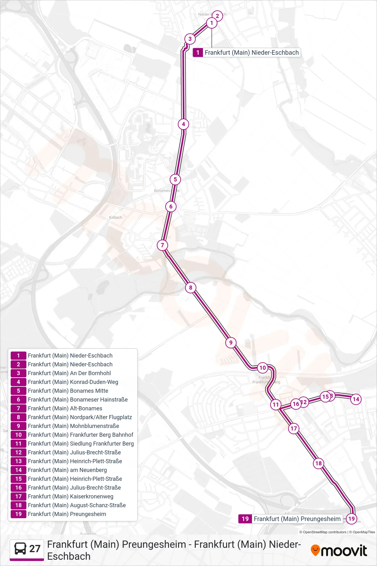 Linie 27 (Bus) Richtung Frankfurt (Main) Preungesheim: Route und Haltestellen auf der Karte