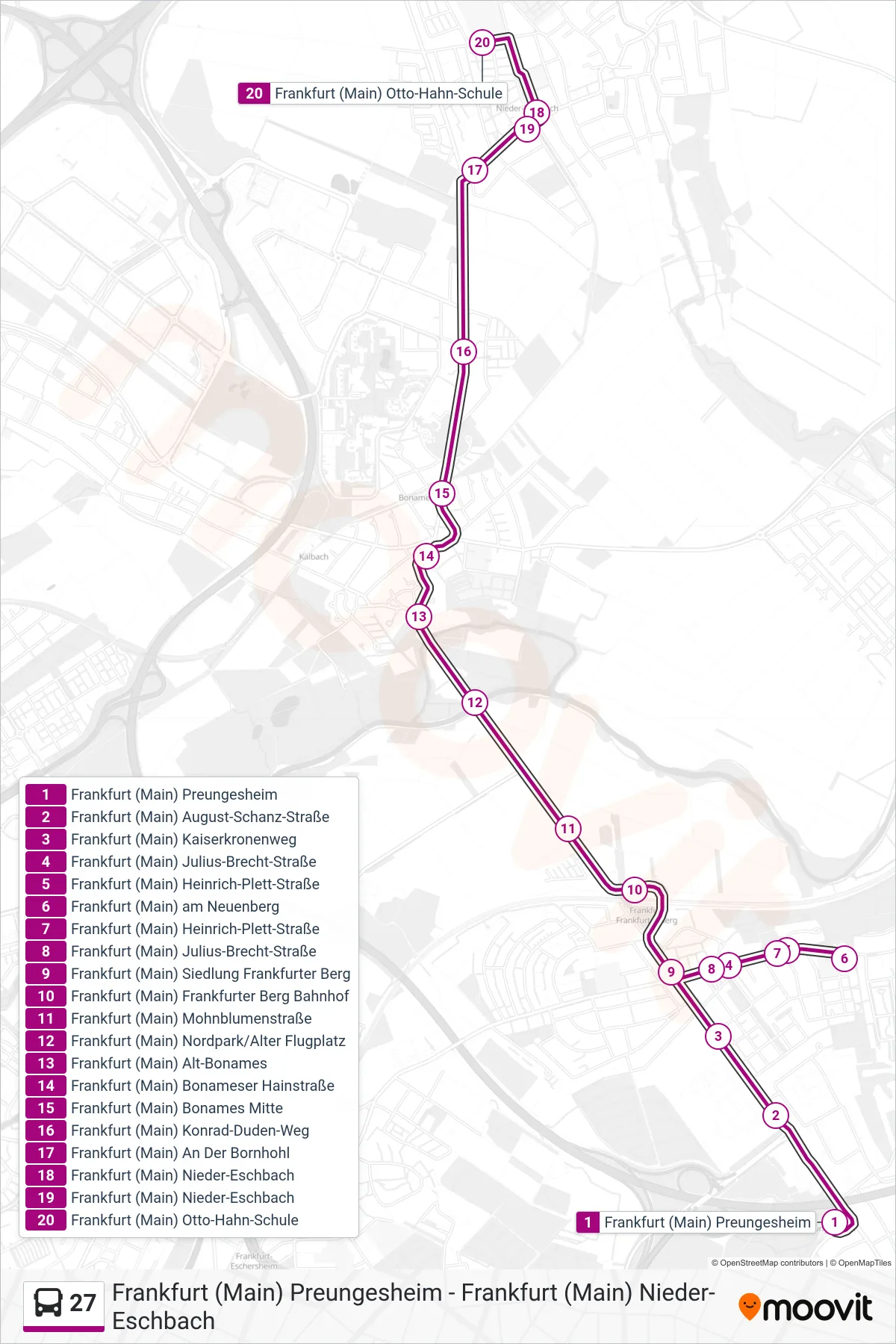 27 bus Line (Frankfurt (Main) Otto-Hahn-Schule) route and stops on a map