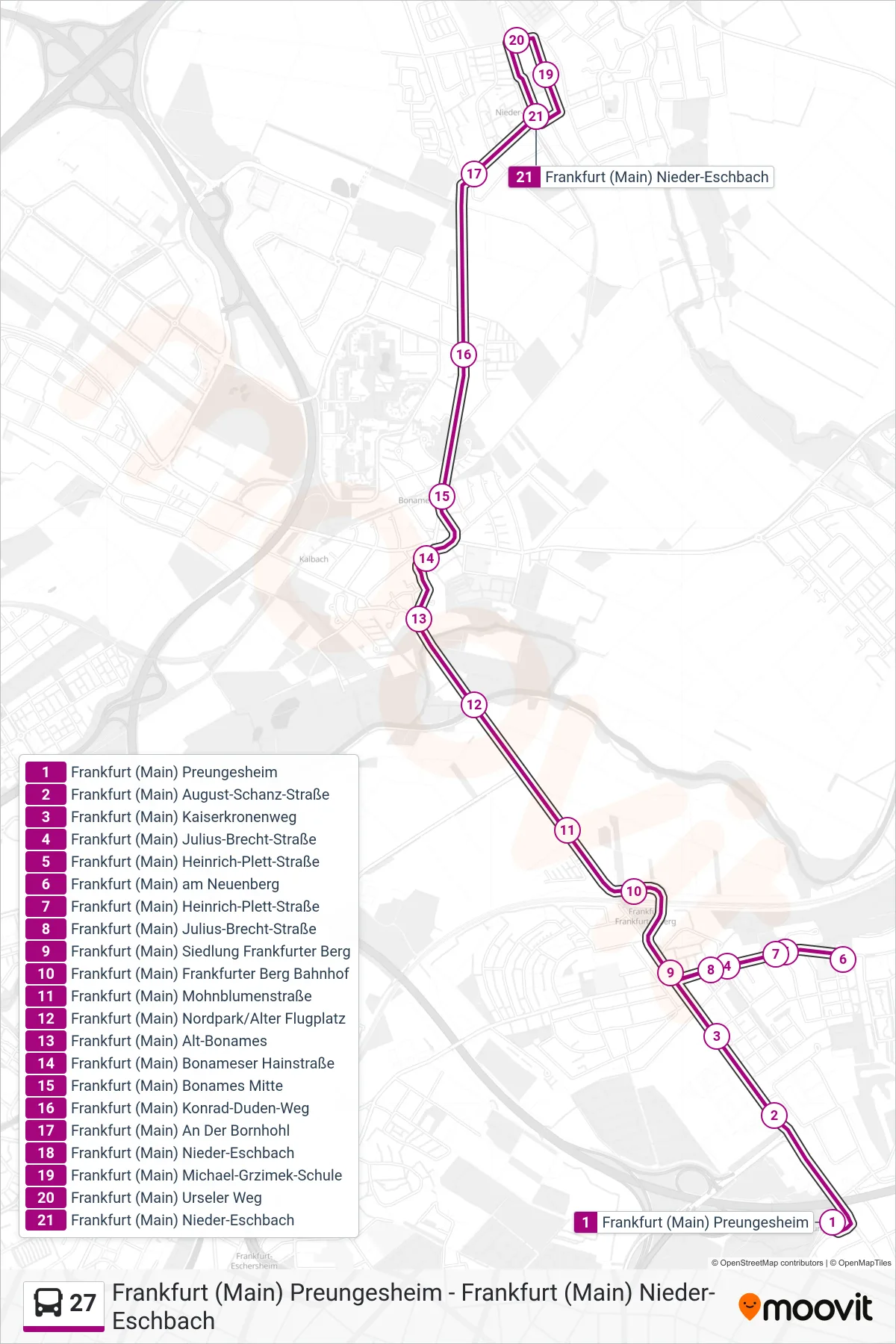 27 bus Line (Frankfurt (Main) Nieder-Eschbach) route and stops on a map