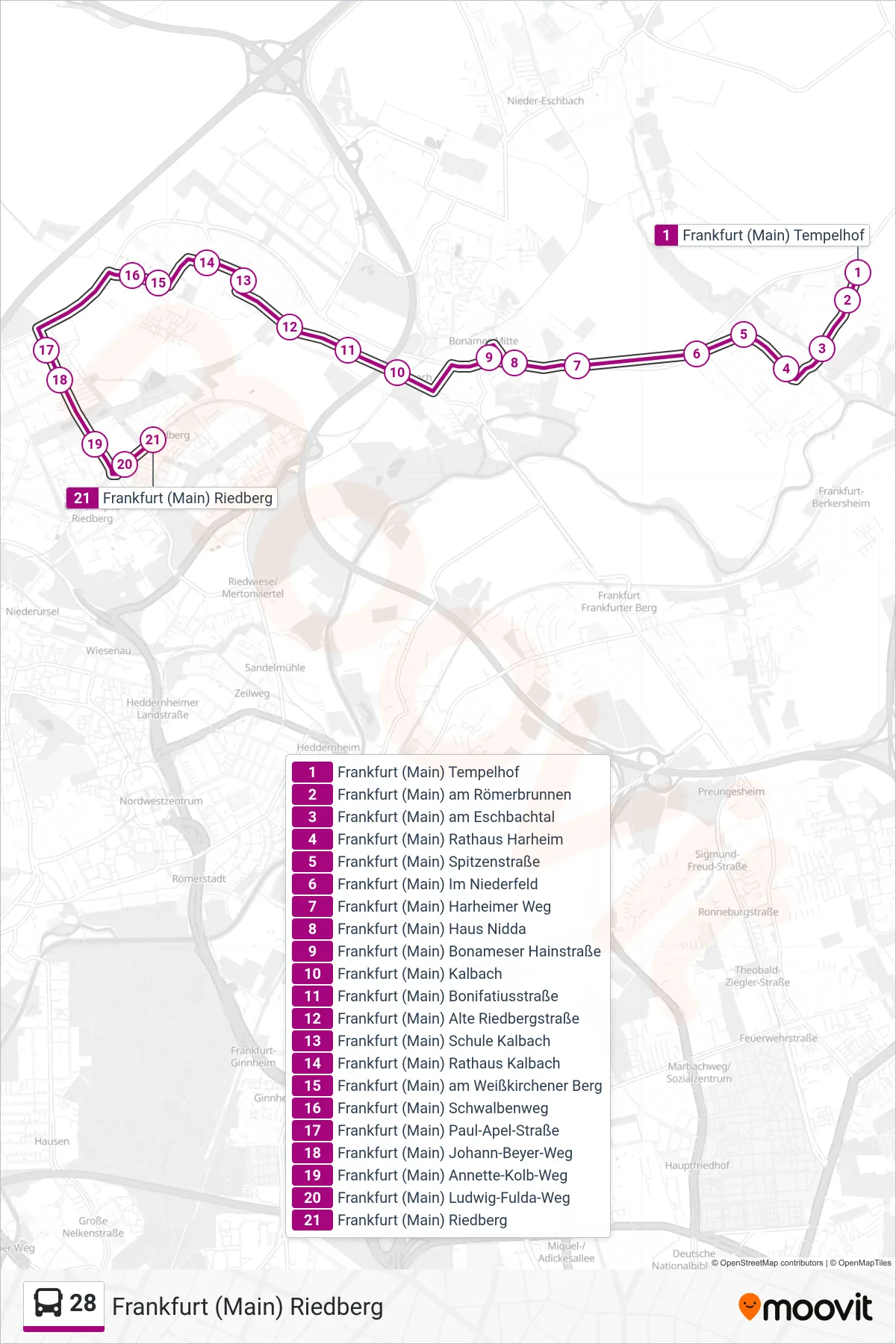 Linie 28 (Bus) Richtung Frankfurt (Main) Riedberg: Route und Haltestellen auf der Karte