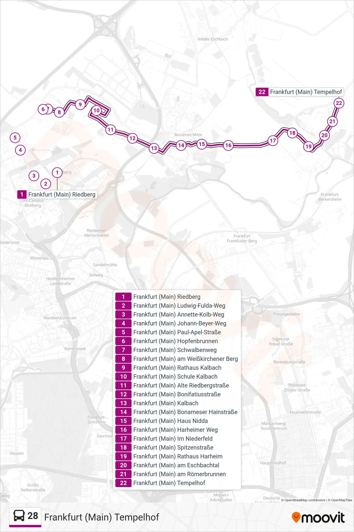 28 bus Line (Frankfurt (Main) Tempelhof) route and stops on a map