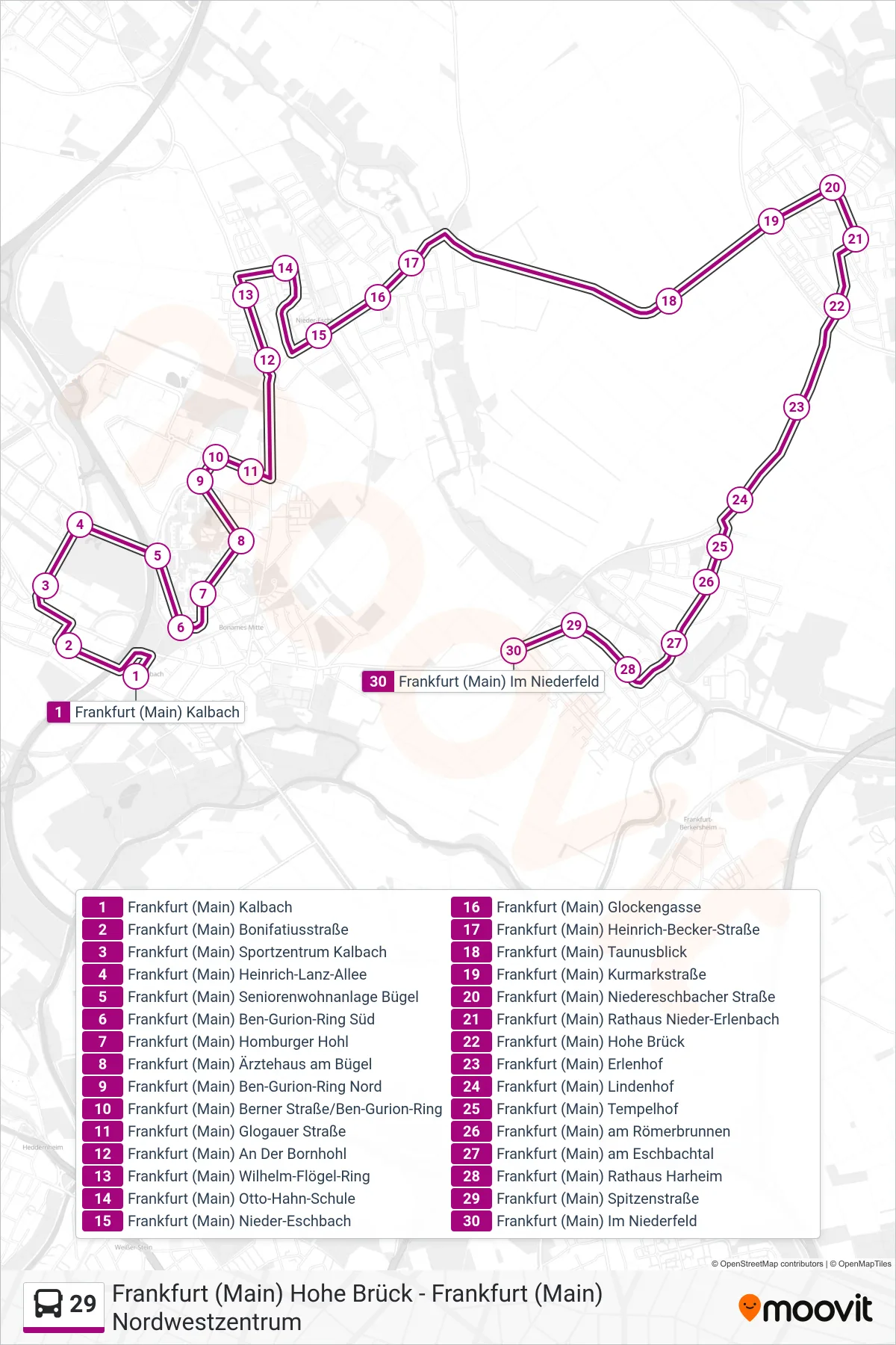 29 bus Line (Frankfurt (Main) Im Niederfeld) route and stops on a map