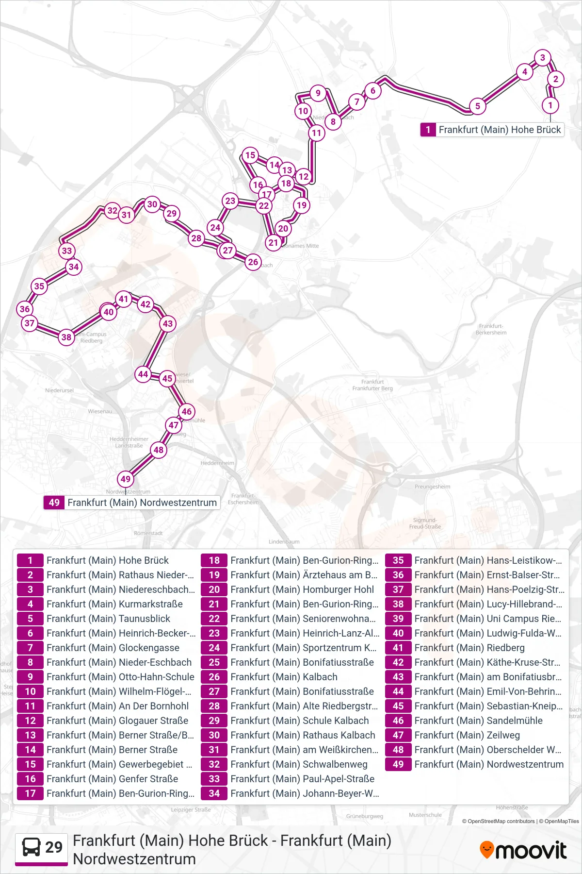 29 bus Line (Frankfurt (Main) Nordwestzentrum) route and stops on a map