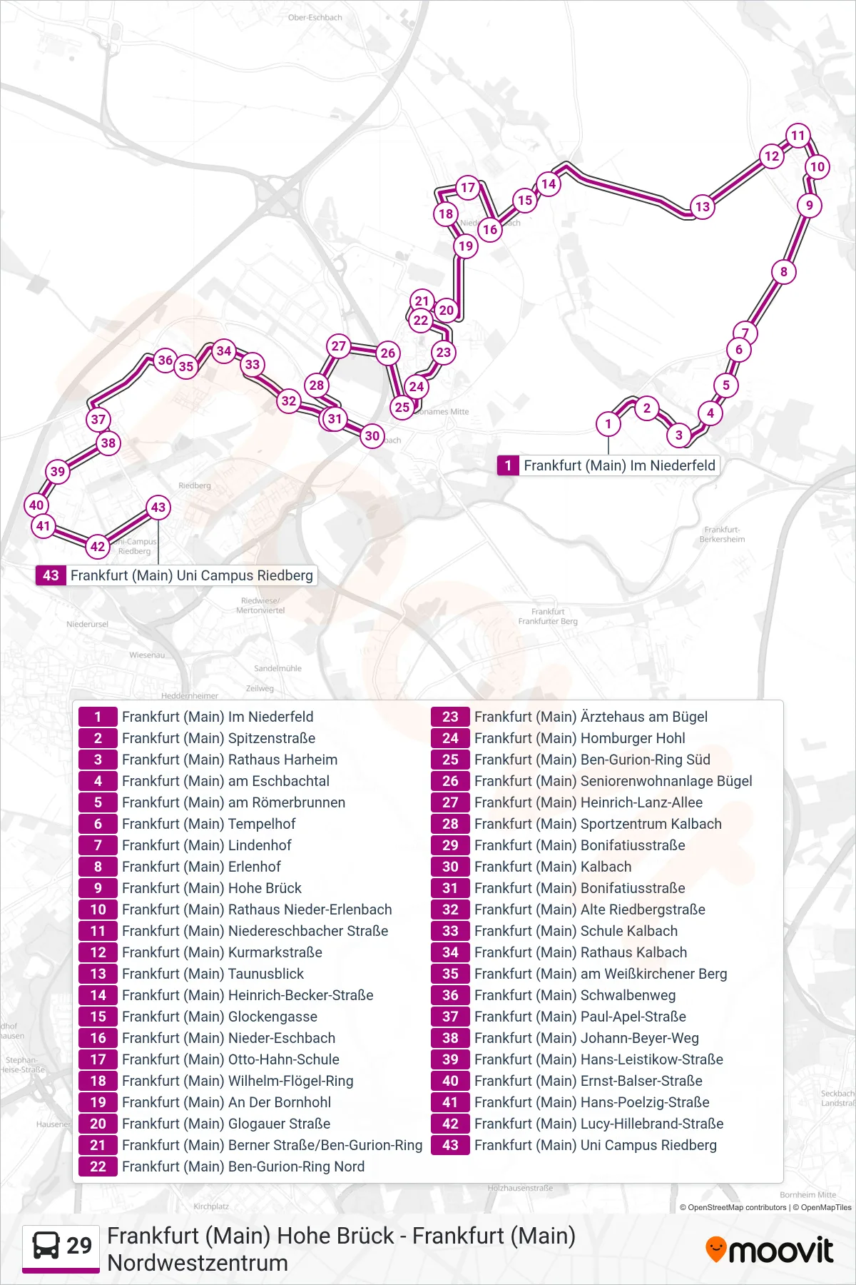 29 bus Line (Frankfurt (Main) Uni Campus Riedberg) route and stops on a map