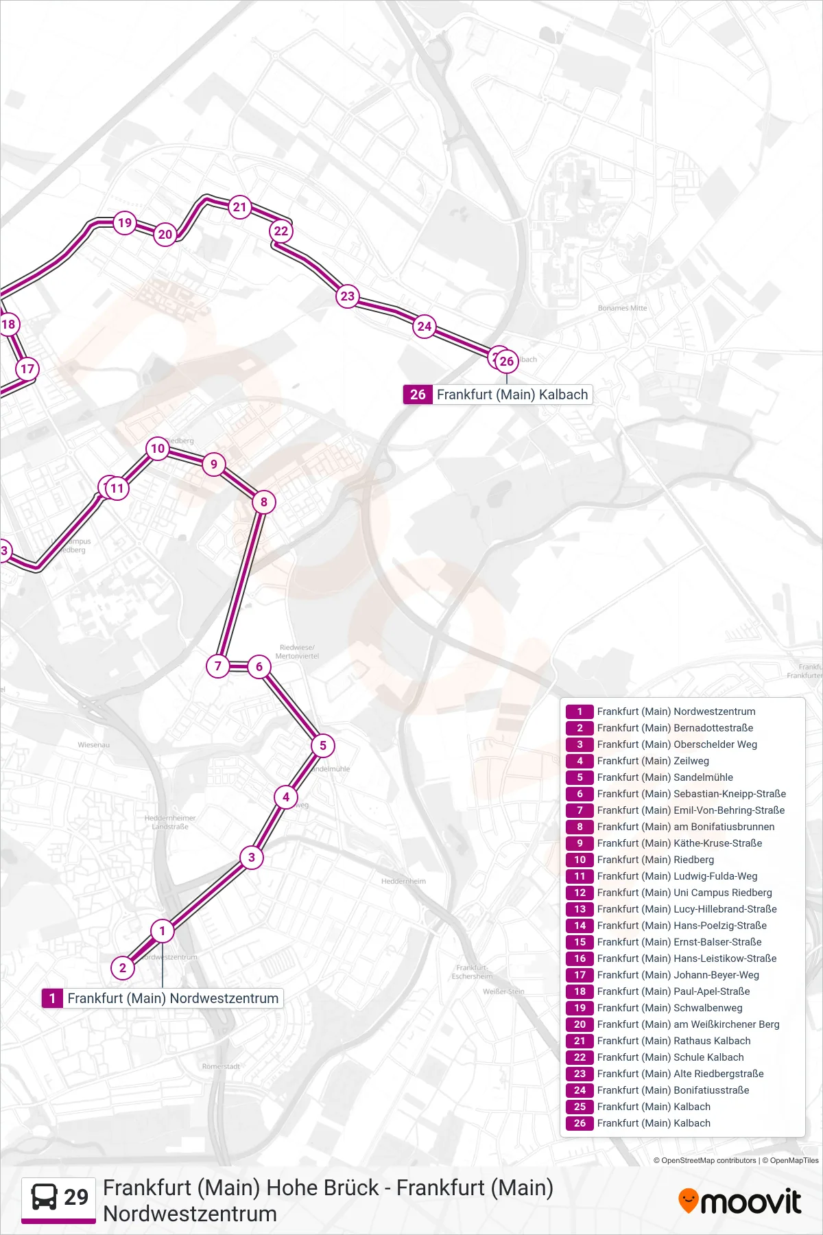 29 bus Line (Frankfurt (Main) Kalbach) route and stops on a map