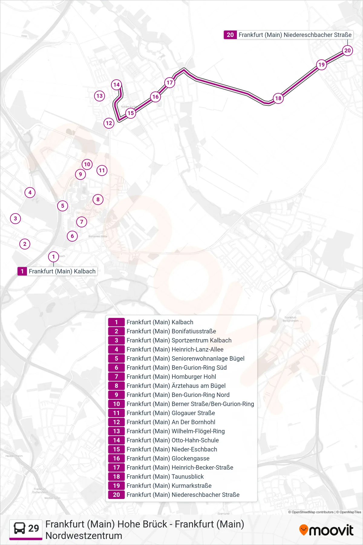 29 bus Line (Frankfurt (Main) Niedereschbacher Straße) route and stops on a map