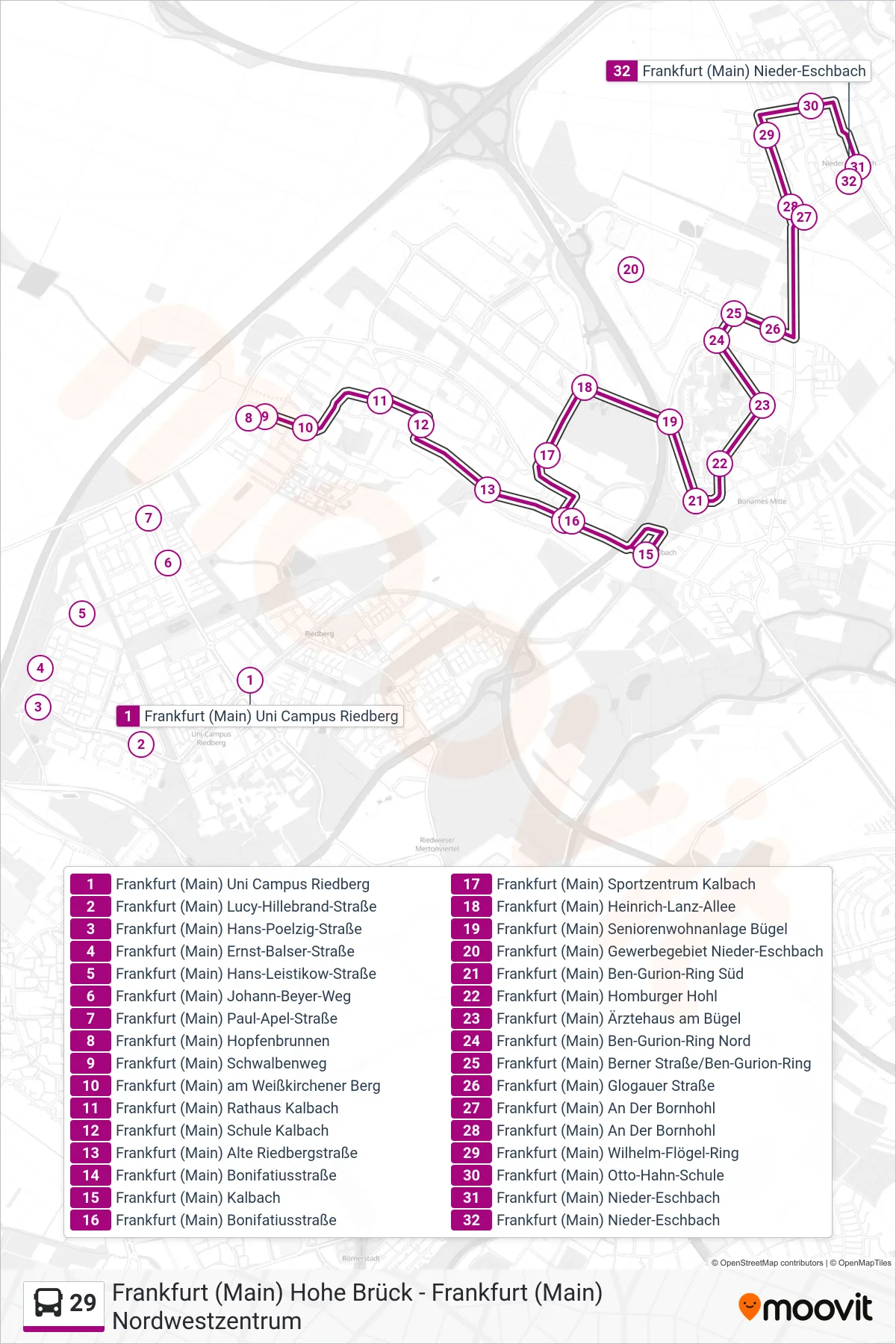29 bus Line (Frankfurt (Main) Nieder-Eschbach) route and stops on a map