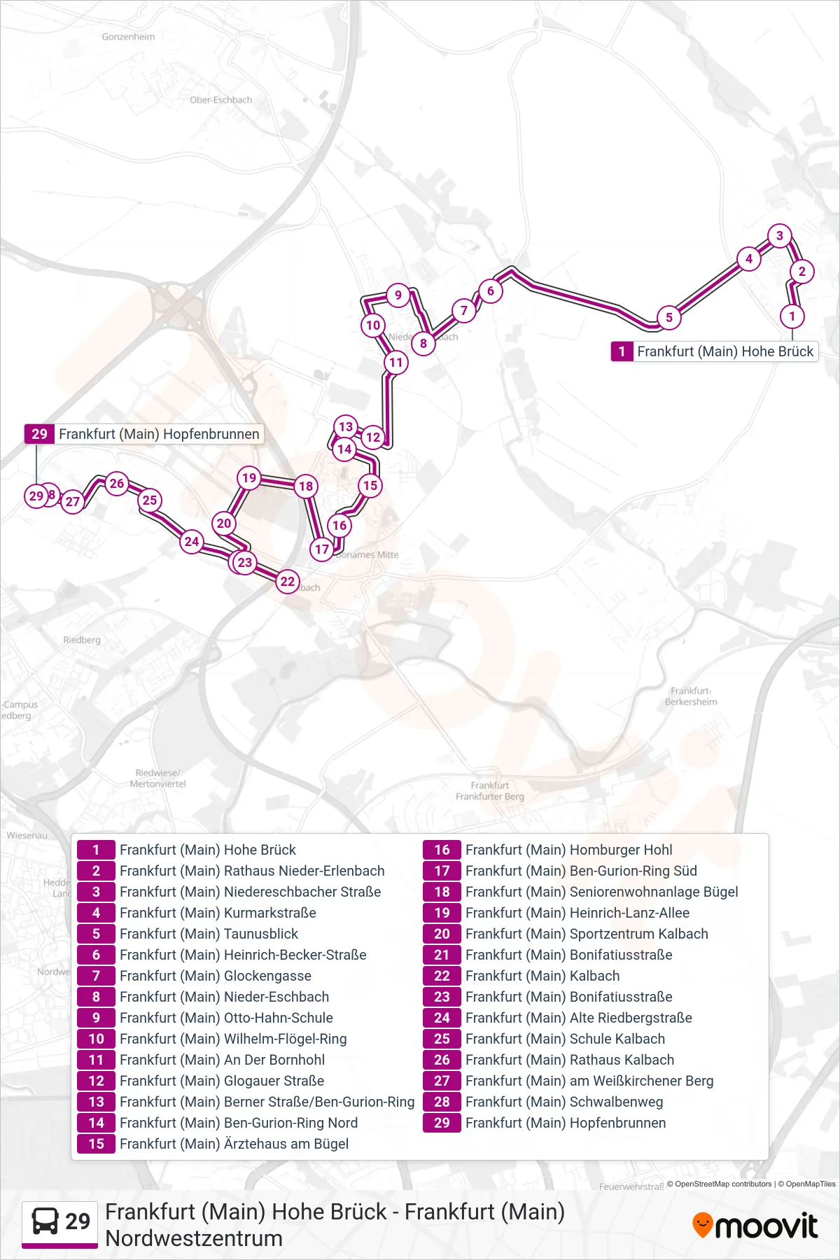 Linie 29 (Bus) Richtung Frankfurt (Main) Hopfenbrunnen: Route und Haltestellen auf der Karte