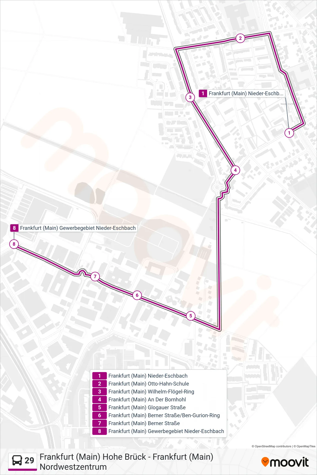 29 bus Line (Frankfurt (Main) Gewerbegebiet Nieder-Eschbach) route and stops on a map