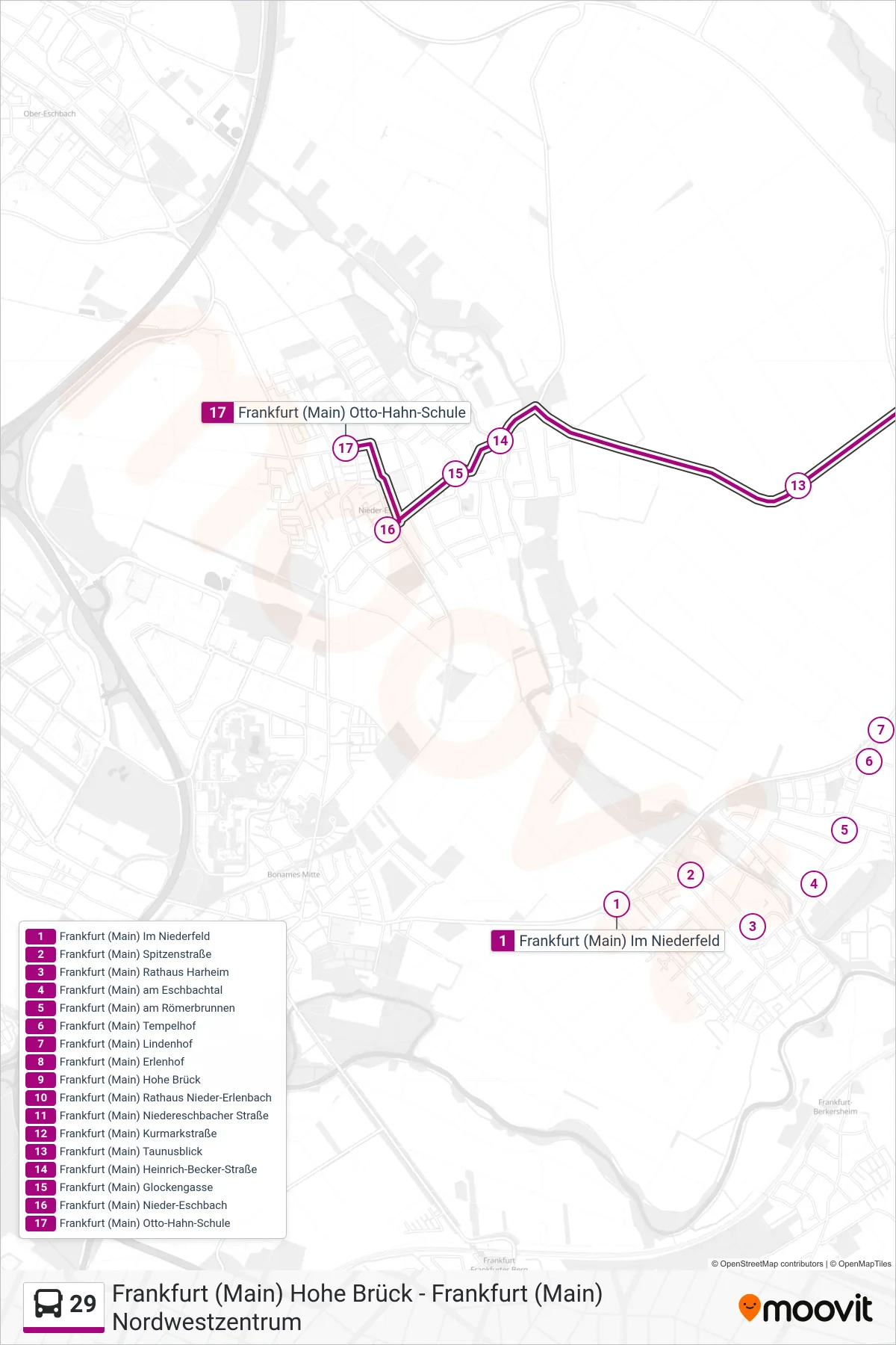 29 bus Line (Frankfurt (Main) Otto-Hahn-Schule) route and stops on a map