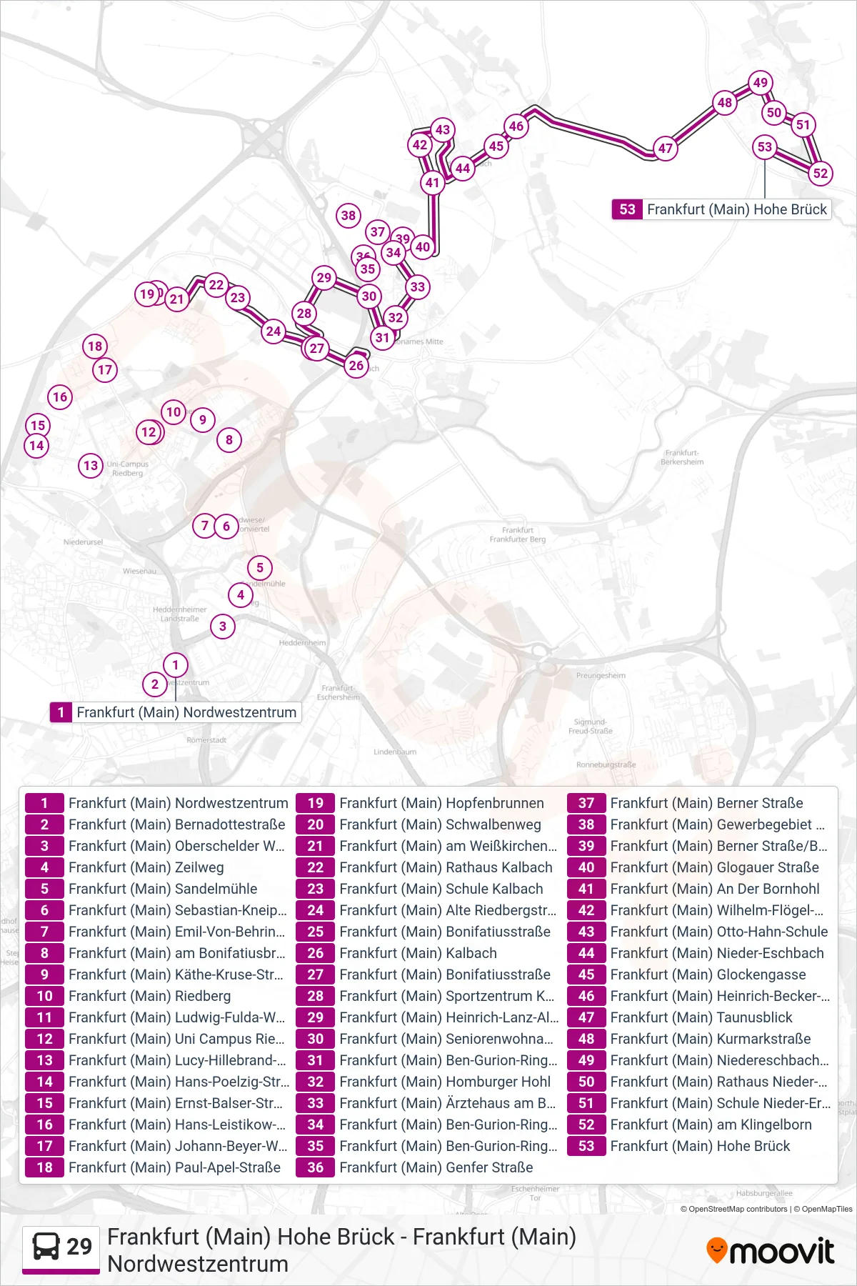 29 bus Line (Frankfurt (Main) Hohe Brück) route and stops on a map