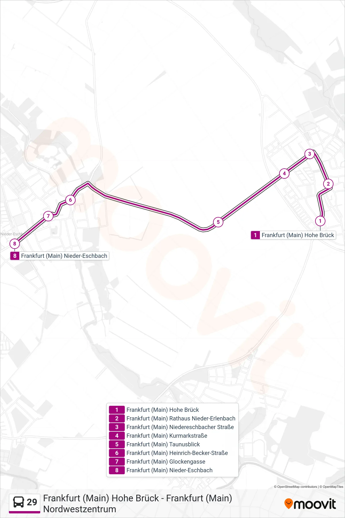29 bus Line (Frankfurt (Main) Nieder-Eschbach) route and stops on a map