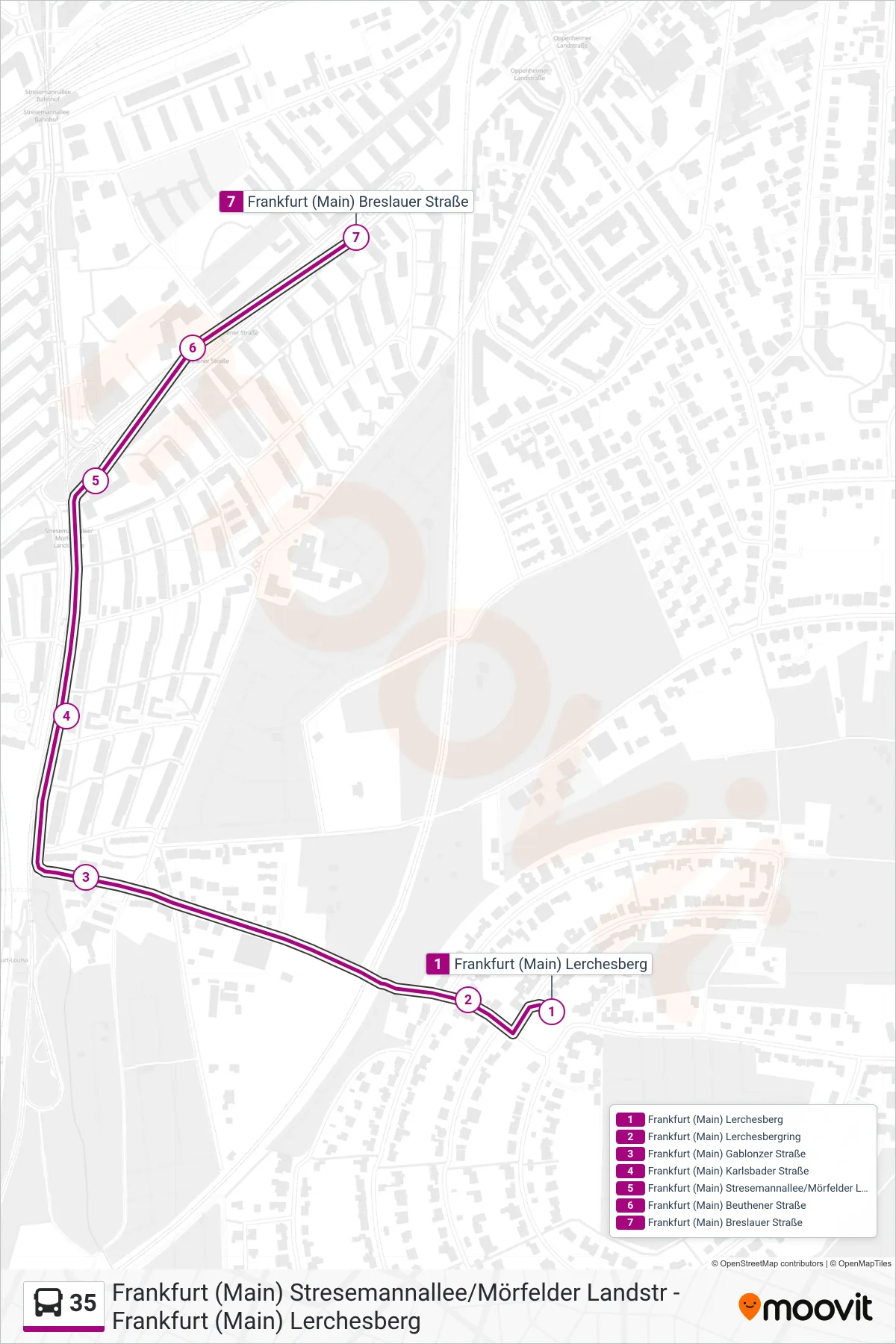 Linie 35 (Bus) Richtung Frankfurt (Main) Breslauer Straße: Route und Haltestellen auf der Karte