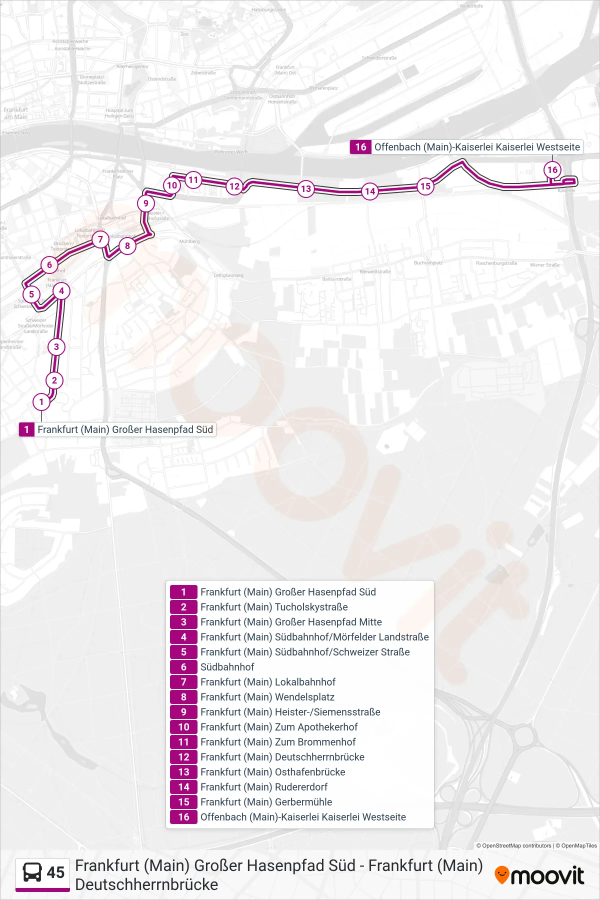 Linie 45 (Bus) Richtung Offenbach (Main)-Kaiserlei Kaiserlei Westseite: Route und Haltestellen auf der Karte