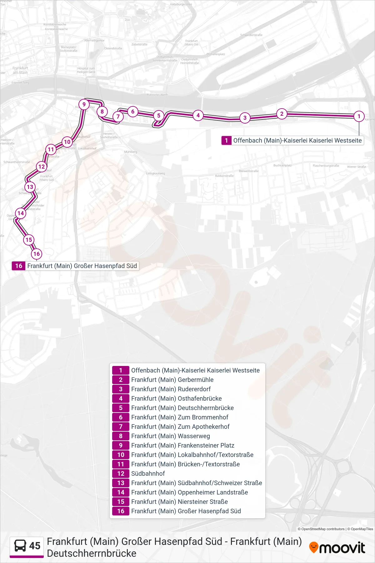 45 bus Line (Frankfurt (Main) Großer Hasenpfad Süd) route and stops on a map