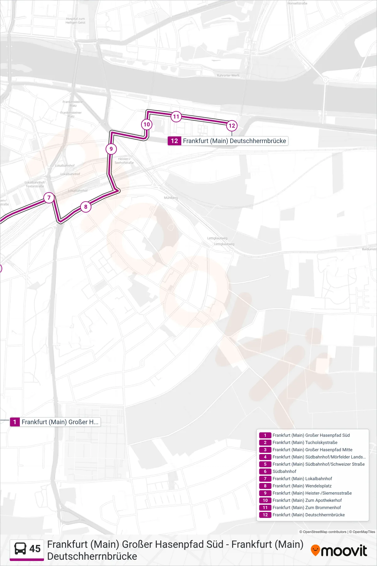 45 bus Line (Frankfurt (Main) Deutschherrnbrücke) route and stops on a map
