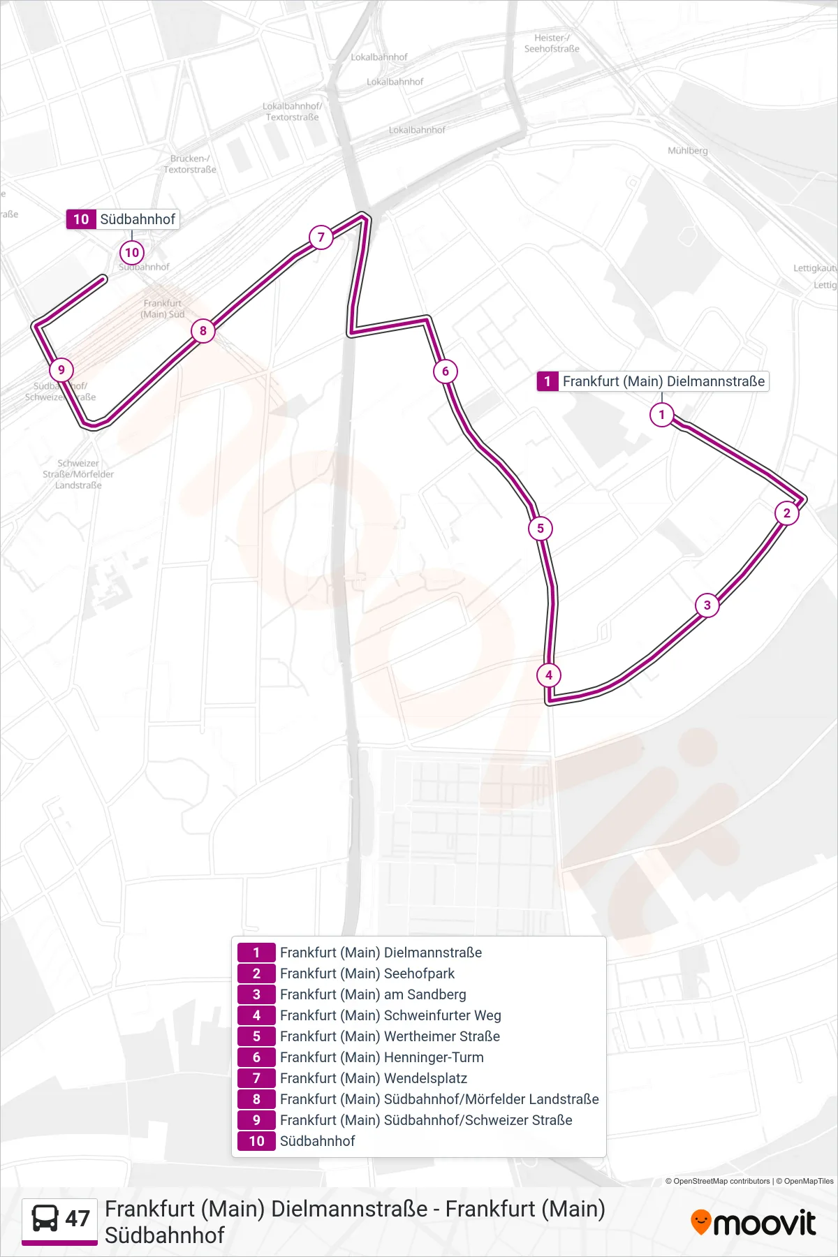47 bus Line (Frankfurt (Main) Südbahnhof) route and stops on a map