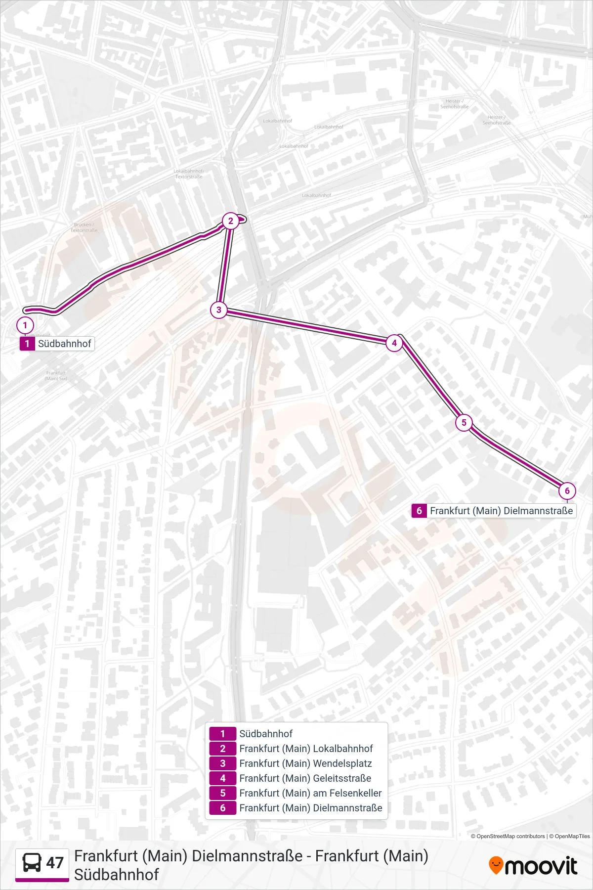 Linie 47 (Bus) Richtung Frankfurt (Main) Dielmannstraße: Route und Haltestellen auf der Karte