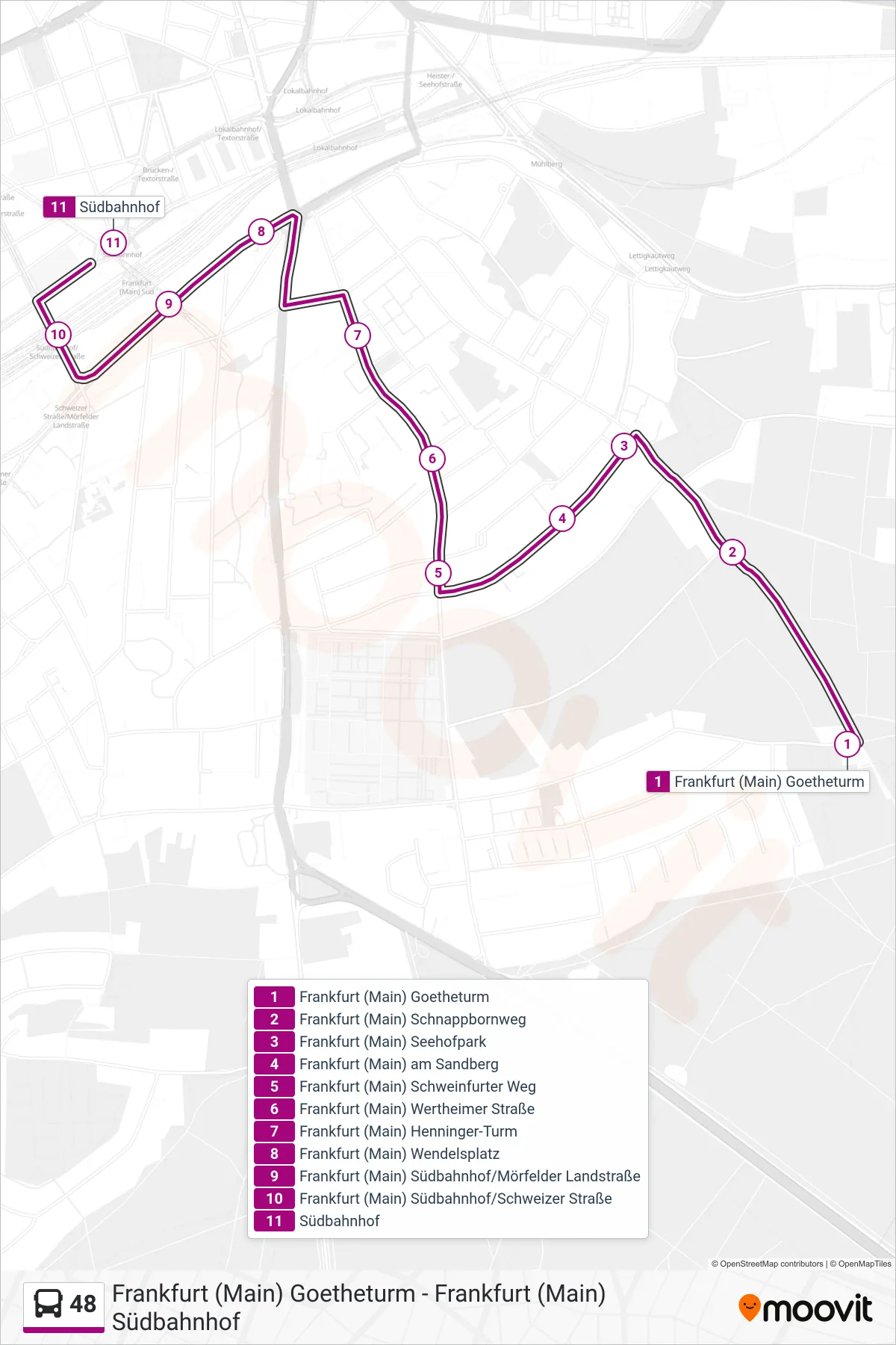 48 bus Line (Frankfurt (Main) Südbahnhof) route and stops on a map