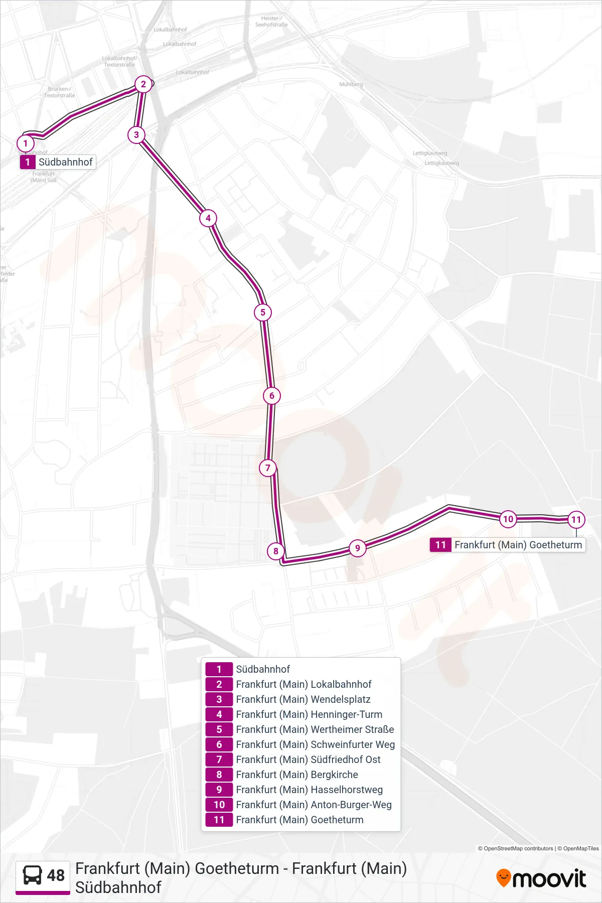 48 bus Line (Frankfurt (Main) Goetheturm) route and stops on a map