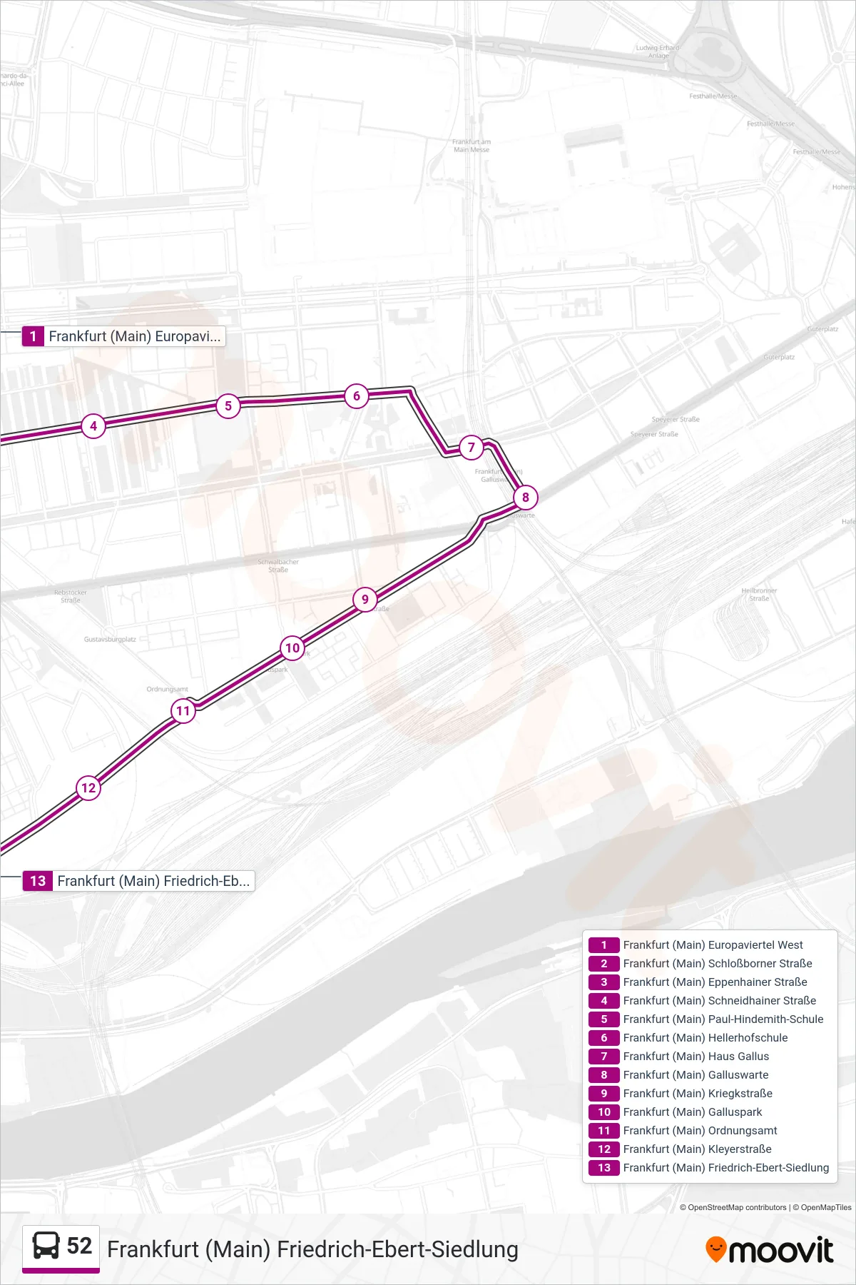 52 bus Line (Frankfurt (Main) Friedrich-Ebert-Siedlung) route and stops on a map