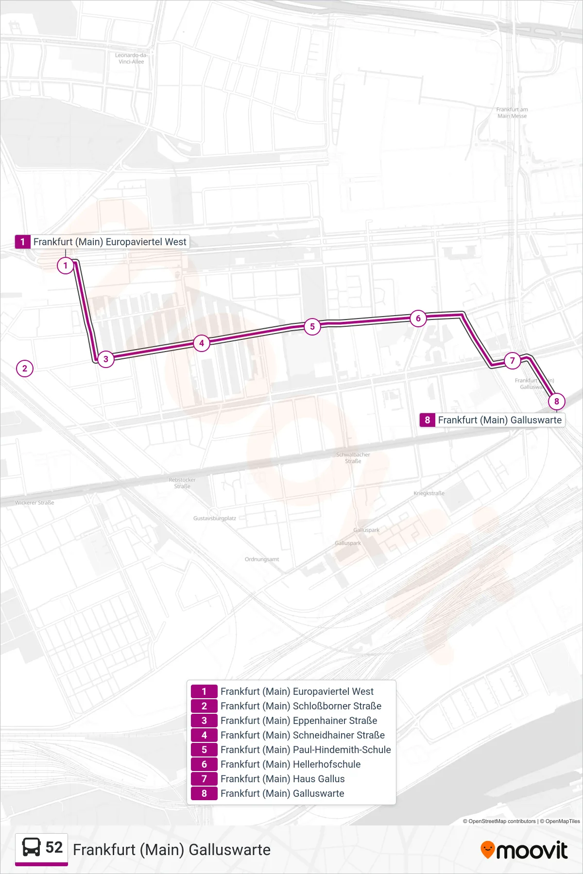 Linie 52 (Bus) Richtung Frankfurt (Main) Galluswarte: Route und Haltestellen auf der Karte