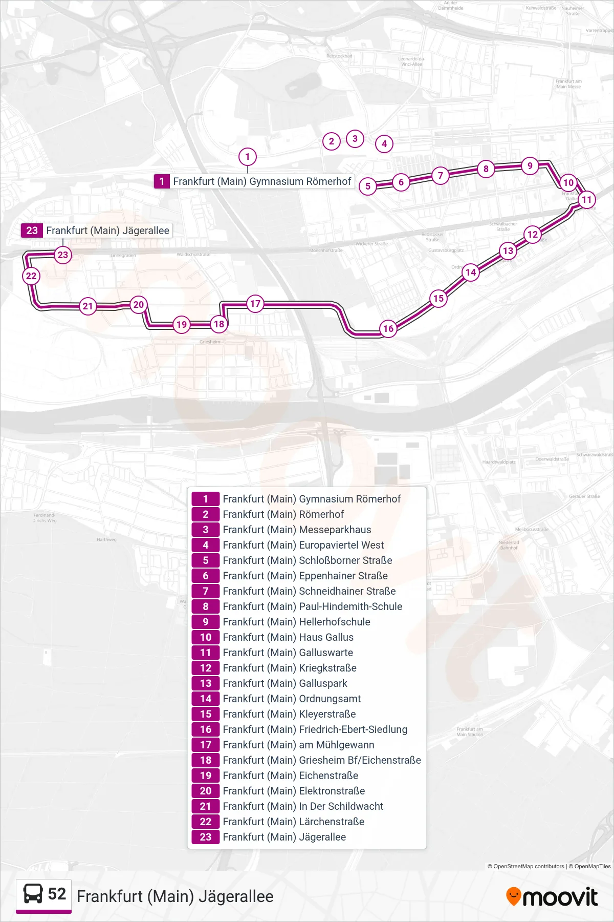 52 bus Line (Frankfurt (Main) Jägerallee) route and stops on a map