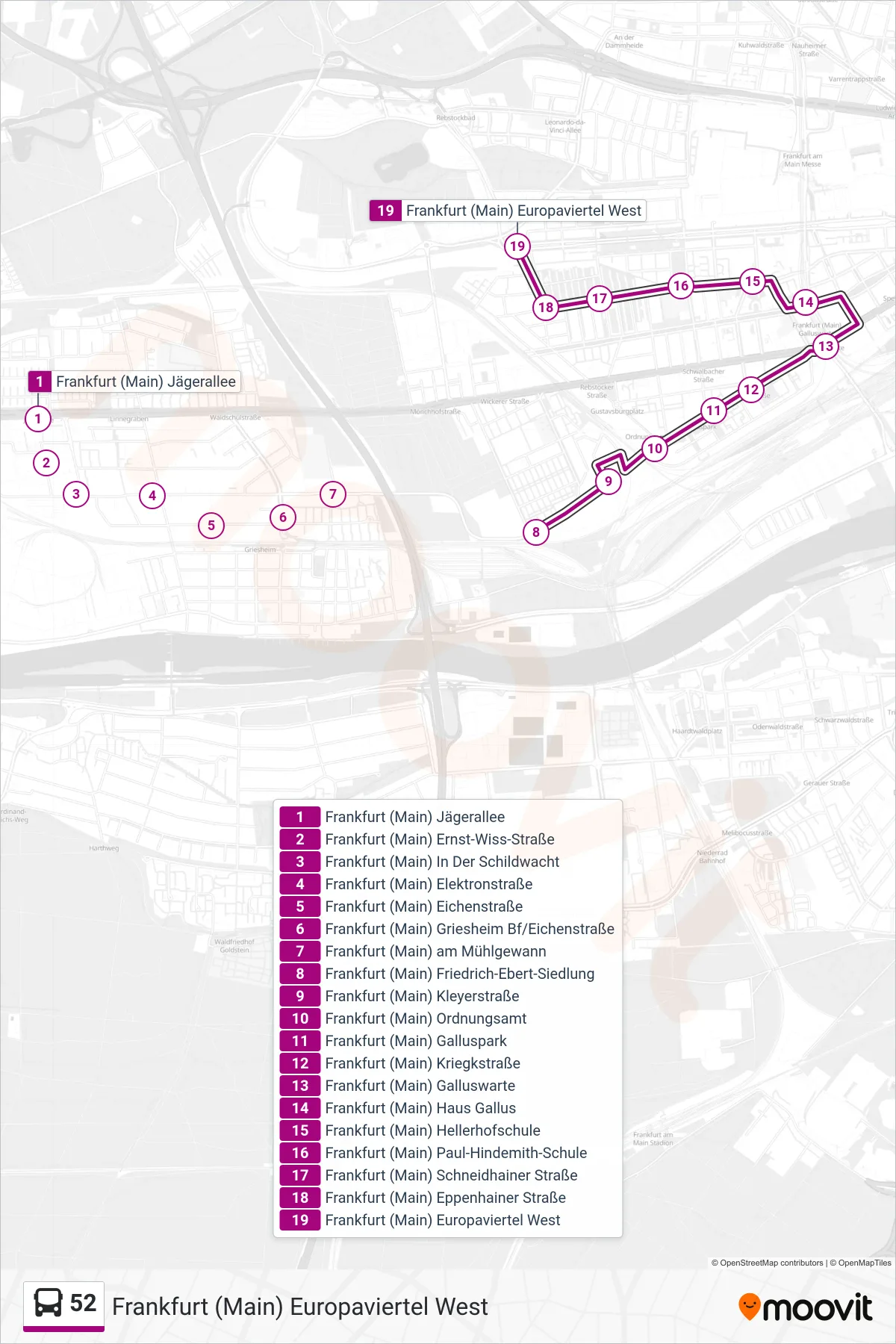 52 bus Line (Frankfurt (Main) Europaviertel West) route and stops on a map