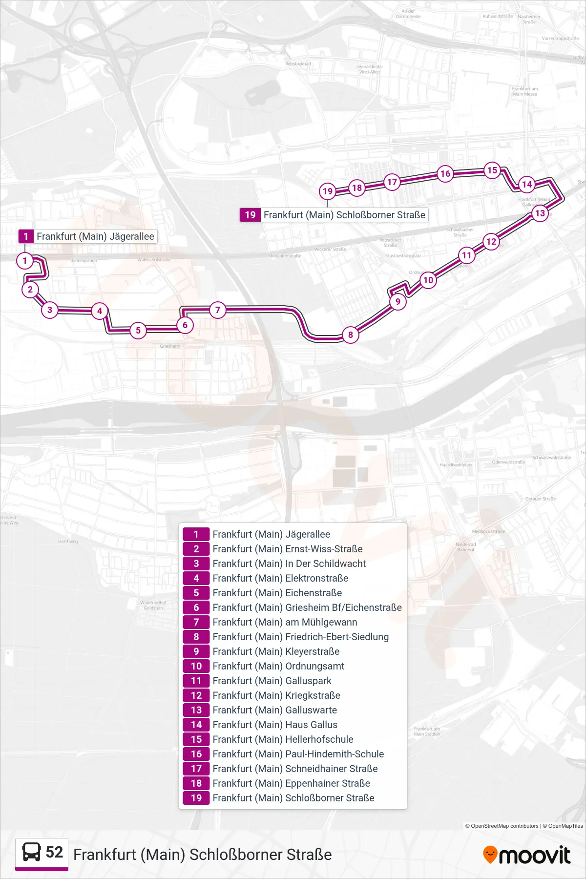 52 bus Line (Frankfurt (Main) Schloßborner Straße) route and stops on a map
